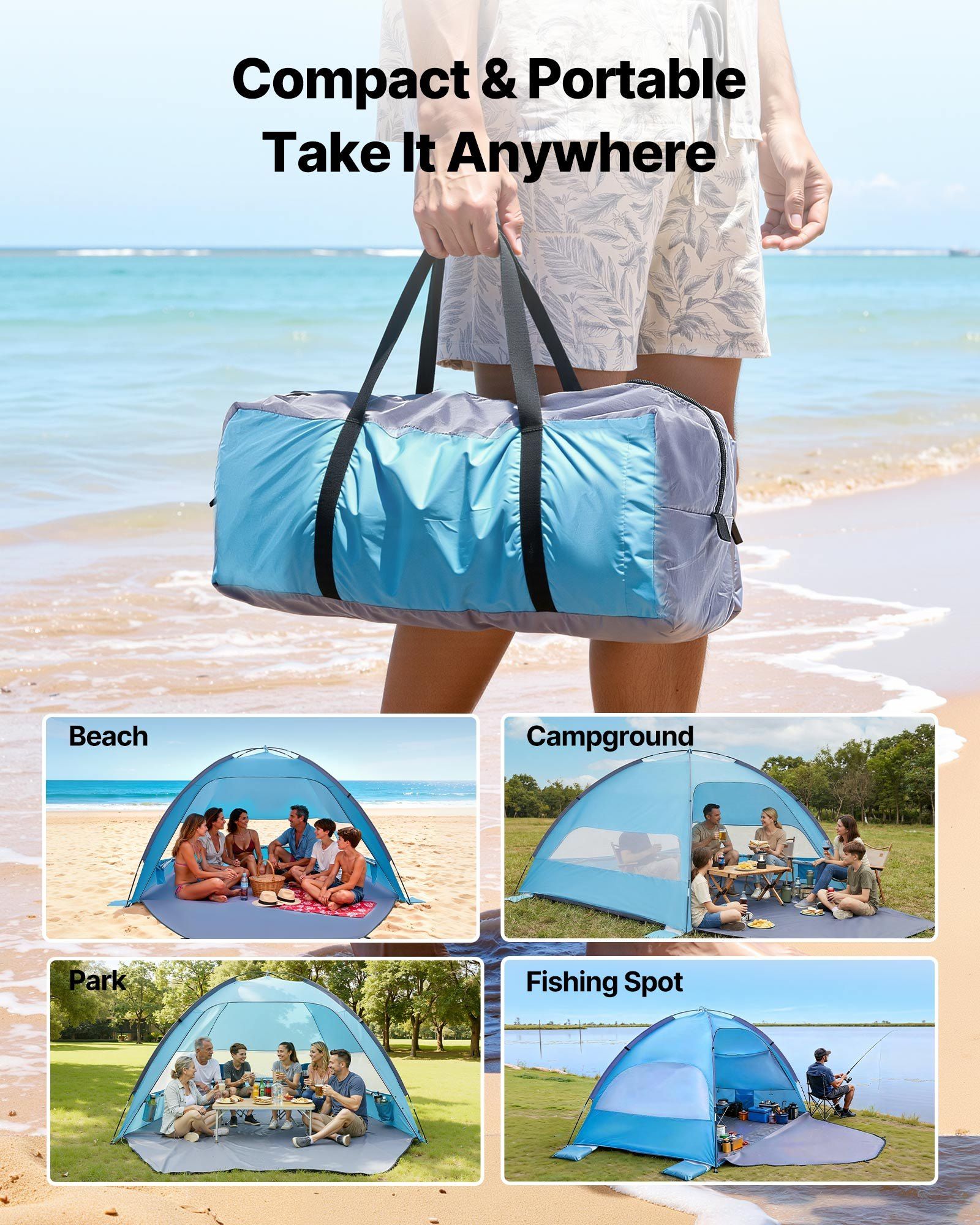 Beach Tent Sun Shelter for 6 Person, UPF 50+ Protection, Portable Sun Shade Canopy with Carrying Bag & Sand Pockets, Lightweight and Easy Setup Beach Umbrella for Camping Fishing Outdoor Picnic - Image 6