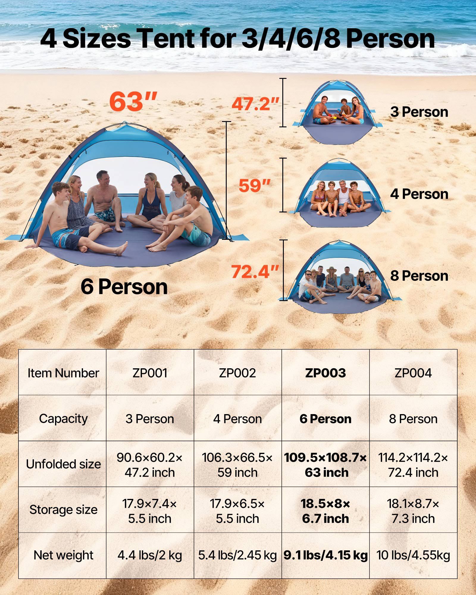 Beach Tent Sun Shelter for 6 Person, UPF 50+ Protection, Portable Sun Shade Canopy with Carrying Bag & Sand Pockets, Lightweight and Easy Setup Beach Umbrella for Camping Fishing Outdoor Picnic - Image 7