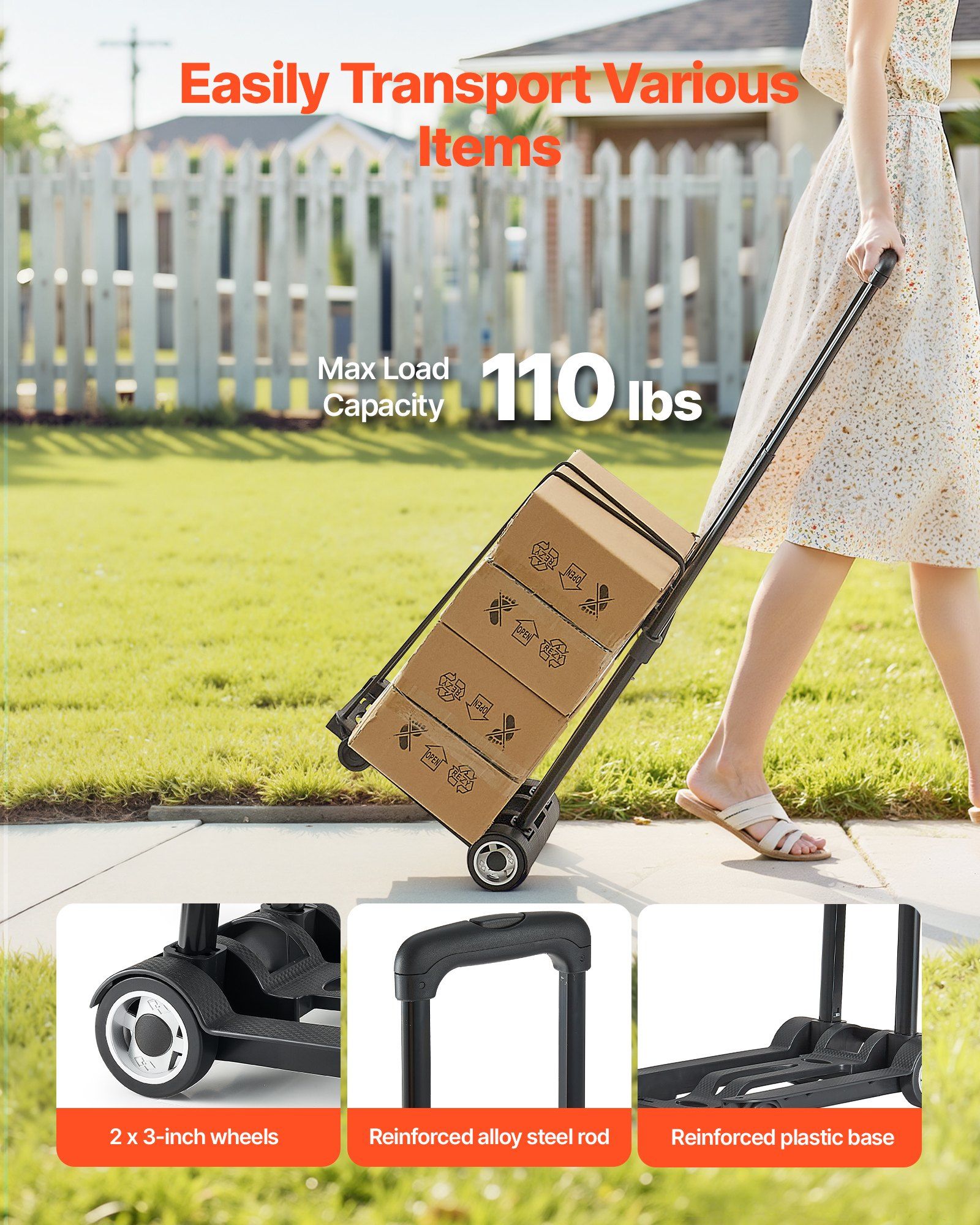 Folding Hand Truck, 49.9 kg Load Capacity, Collapsible Luggage Cart with 2 Wheels & 1 Elastic Rope, Utility Dolly Platform Cart for Airport Travel Furniture Luggage Office Moving, Black - Image 2