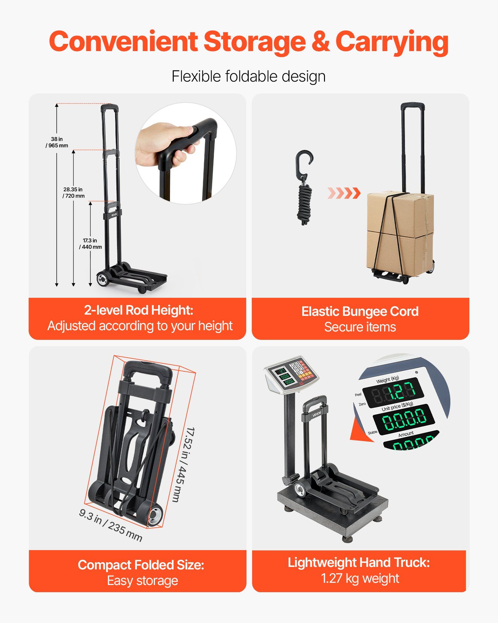 Folding Hand Truck, 49.9 kg Load Capacity, Collapsible Luggage Cart with 2 Wheels & 1 Elastic Rope, Utility Dolly Platform Cart for Airport Travel Furniture Luggage Office Moving, Black - Image 3