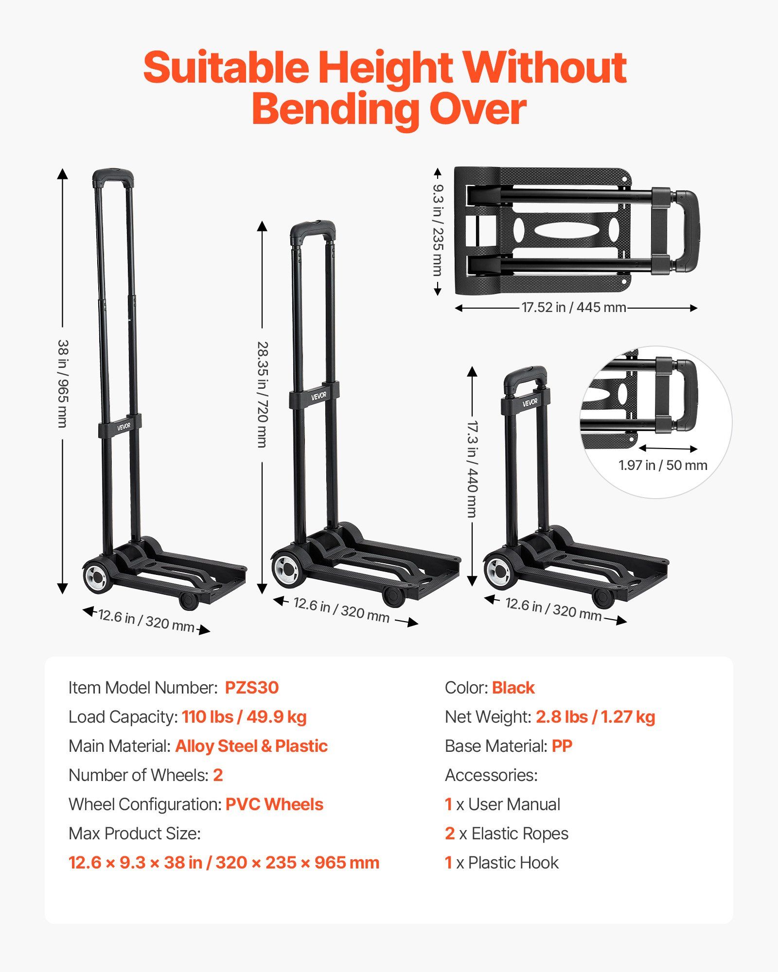 Folding Hand Truck, 49.9 kg Load Capacity, Collapsible Luggage Cart with 2 Wheels & 1 Elastic Rope, Utility Dolly Platform Cart for Airport Travel Furniture Luggage Office Moving, Black - Image 7