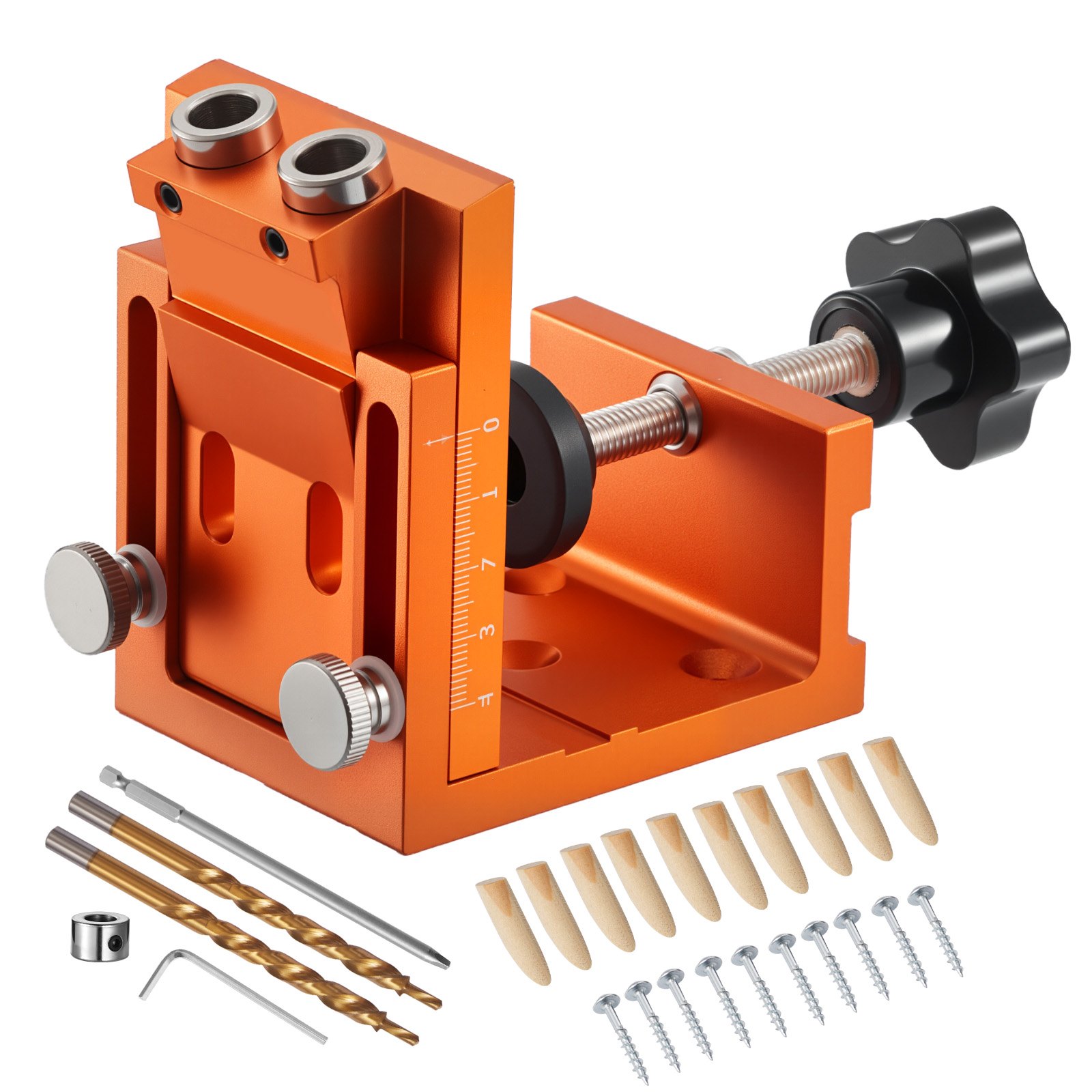 Pocket Hole Jig Kit, 12 mm to 48 mm Adjustable, Jig Pocket Hole System with Step Drill, Hex Wrench, Drill Stop Ring, Square Drive Bit, Plugs and Screws, Reinforced Metal Frame, for Woodworking - Image 1