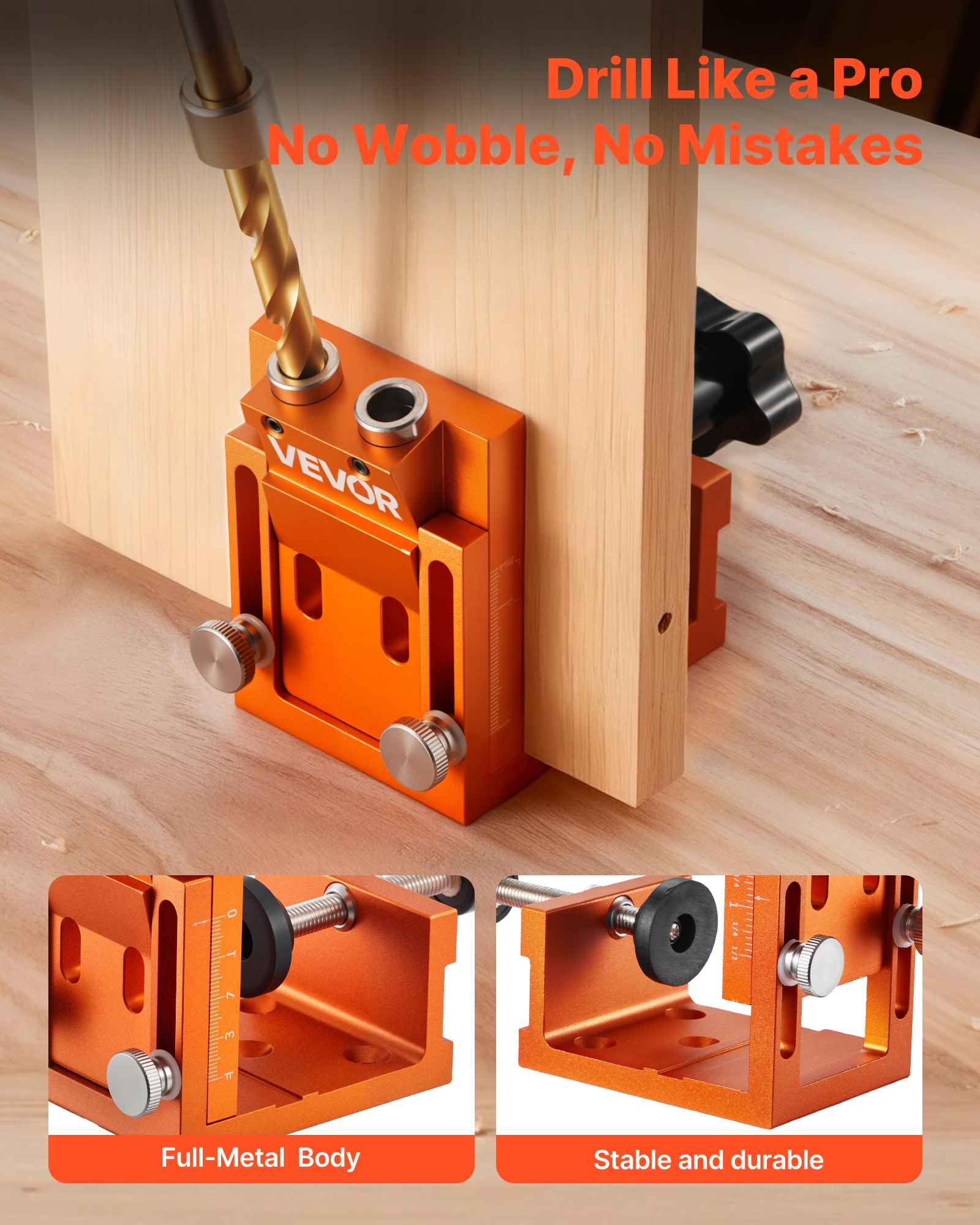 Pocket Hole Jig Kit, 12 mm to 48 mm Adjustable, Jig Pocket Hole System with Step Drill, Hex Wrench, Drill Stop Ring, Square Drive Bit, Plugs and Screws, Reinforced Metal Frame, for Woodworking - Image 2
