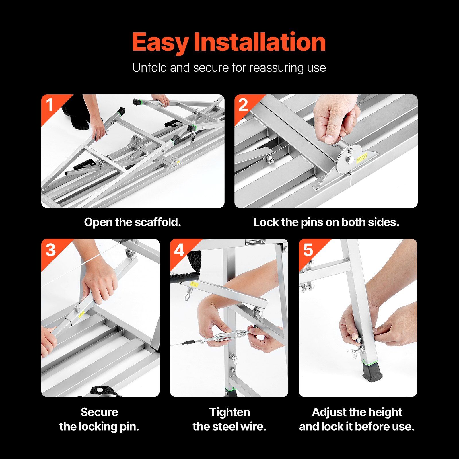 Work Platform, 4 Gear Adjustable Height, Folding Alloy Steel Step Ladder, Portable Scaffolding Platform, 400 kg Load Capacity, Non-Slip Rubber Feet, Drywall Painting Stool, Cleaning & Washing - Image 6