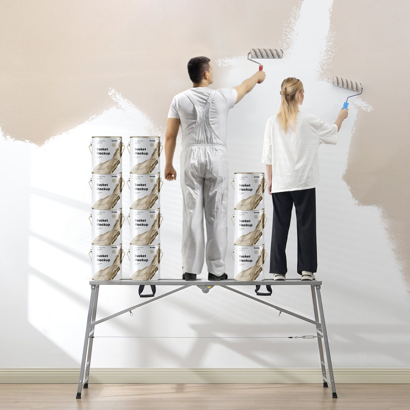 Work Platform, 4 Gear Adjustable Height, Folding Alloy Steel Step Ladder, Portable Scaffolding Platform, 400 kg Load Capacity, Non-Slip Rubber Feet, Drywall Painting Stool, Cleaning & Washing - Image 8