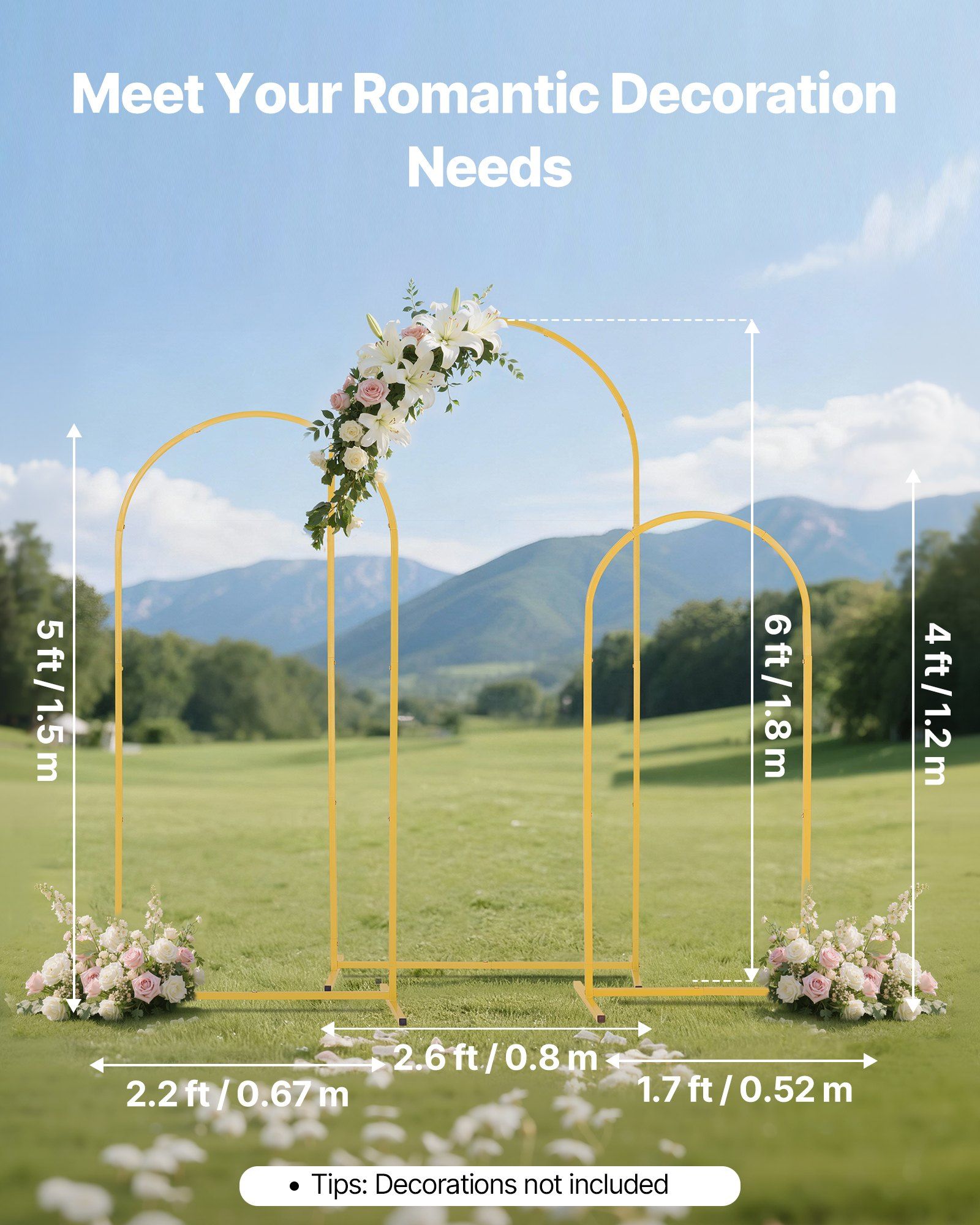 Arch Backdrop Stand, Set of 3, 1.8/1.5/1.2 m, Stable Structure, Easy Assembly, Gold Metal Arch Backdrop Stand for Wedding, Birthday Party, Graduation, Celebration, and Ceremony Decoration - Image 2