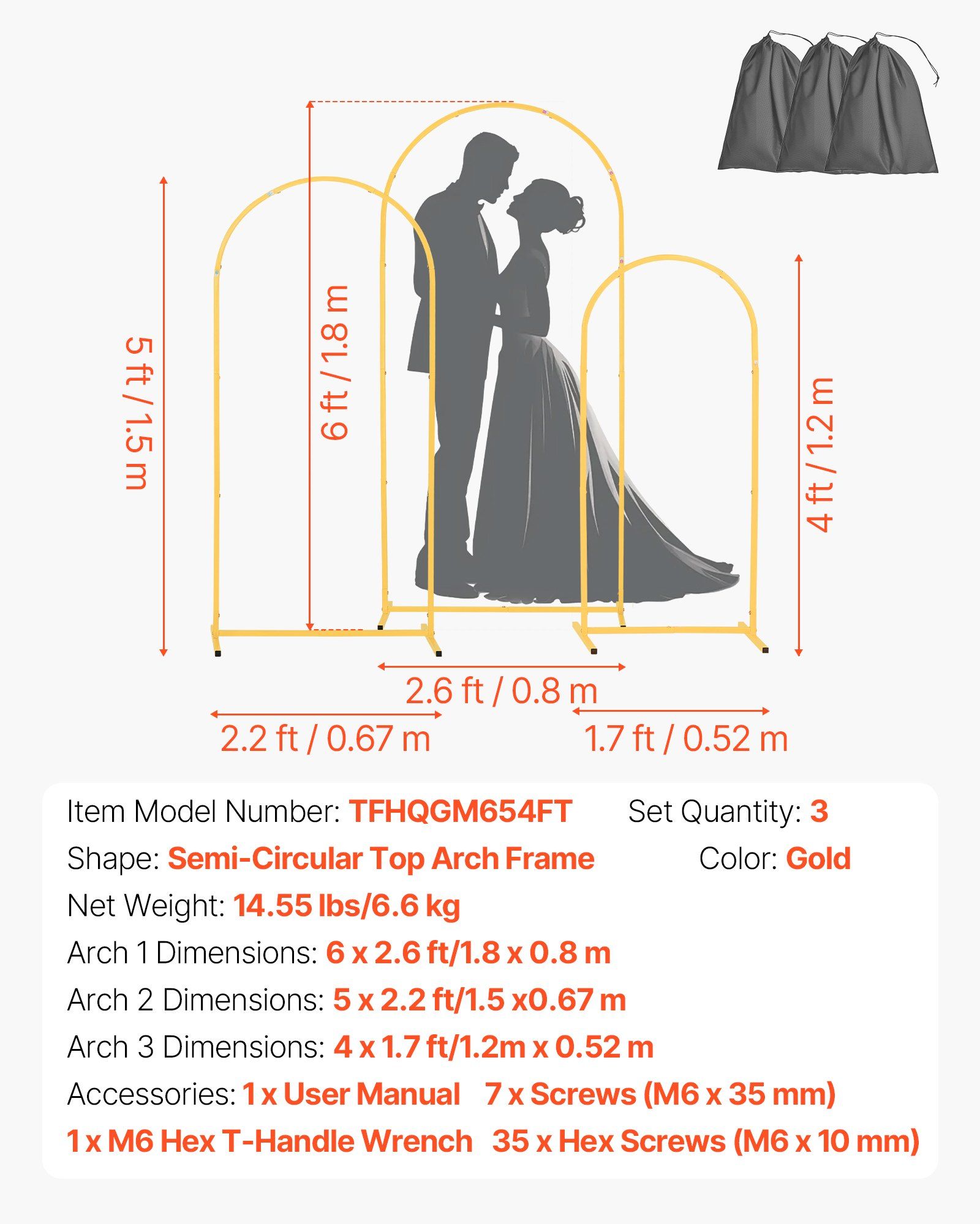 Arch Backdrop Stand, Set of 3, 1.8/1.5/1.2 m, Stable Structure, Easy Assembly, Gold Metal Arch Backdrop Stand for Wedding, Birthday Party, Graduation, Celebration, and Ceremony Decoration - Image 7