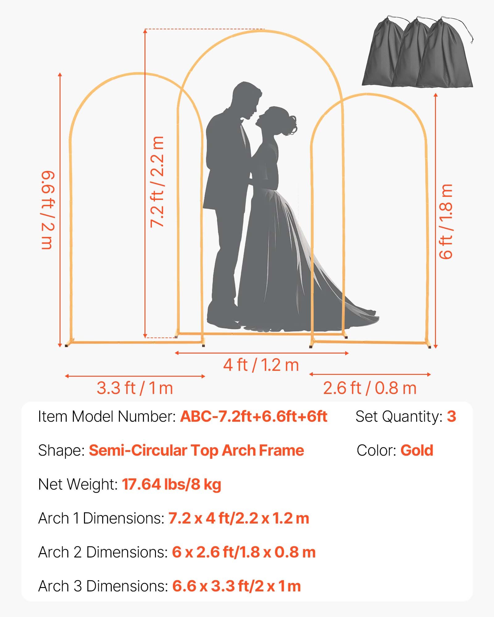 Arch Backdrop Stand, Set of 3, 2.2/2/1.8 m , Stable Structure, Easy Assembly, Gold Metal Arch Backdrop Stand for Wedding, Birthday Party, Graduation, Holiday Celebration, and Ceremony Decoration - Image 7