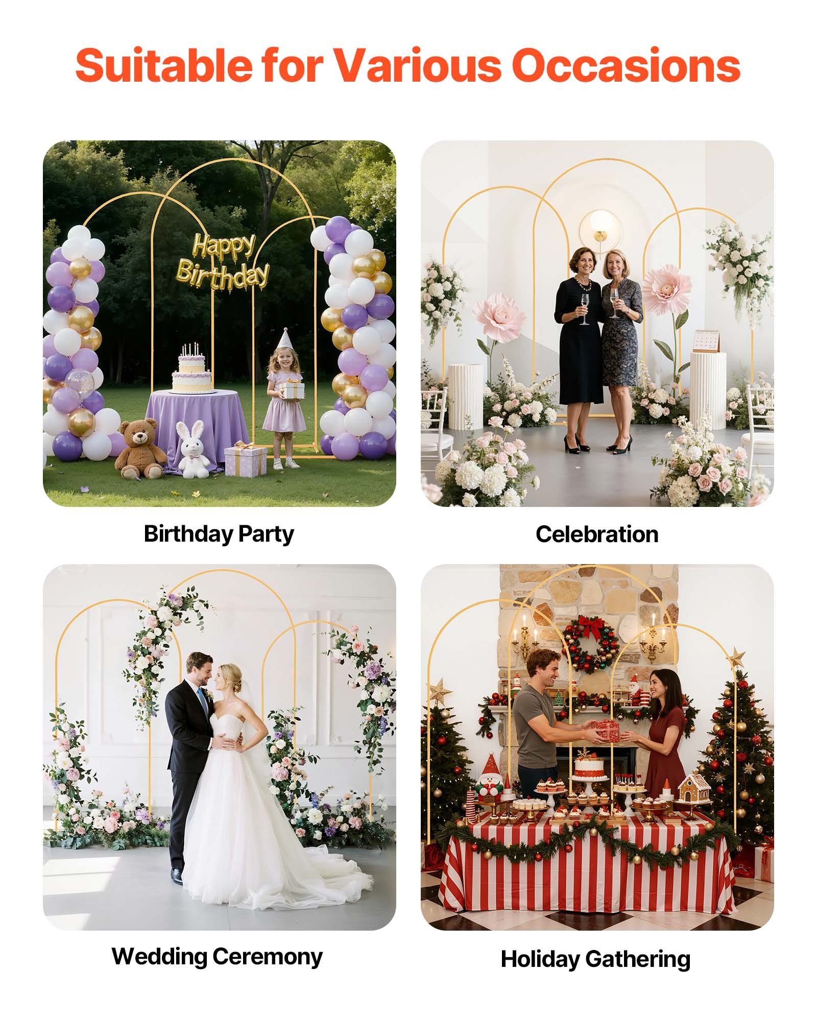 Arch Backdrop Stand, Set of 3, 2.4/2.2/2 m, Stable Structure, Easy Assembly, Gold Metal Arch Backdrop Stand for Wedding, Birthday Party, Graduation, Holiday Celebration, and Ceremony Decoration - Image 6