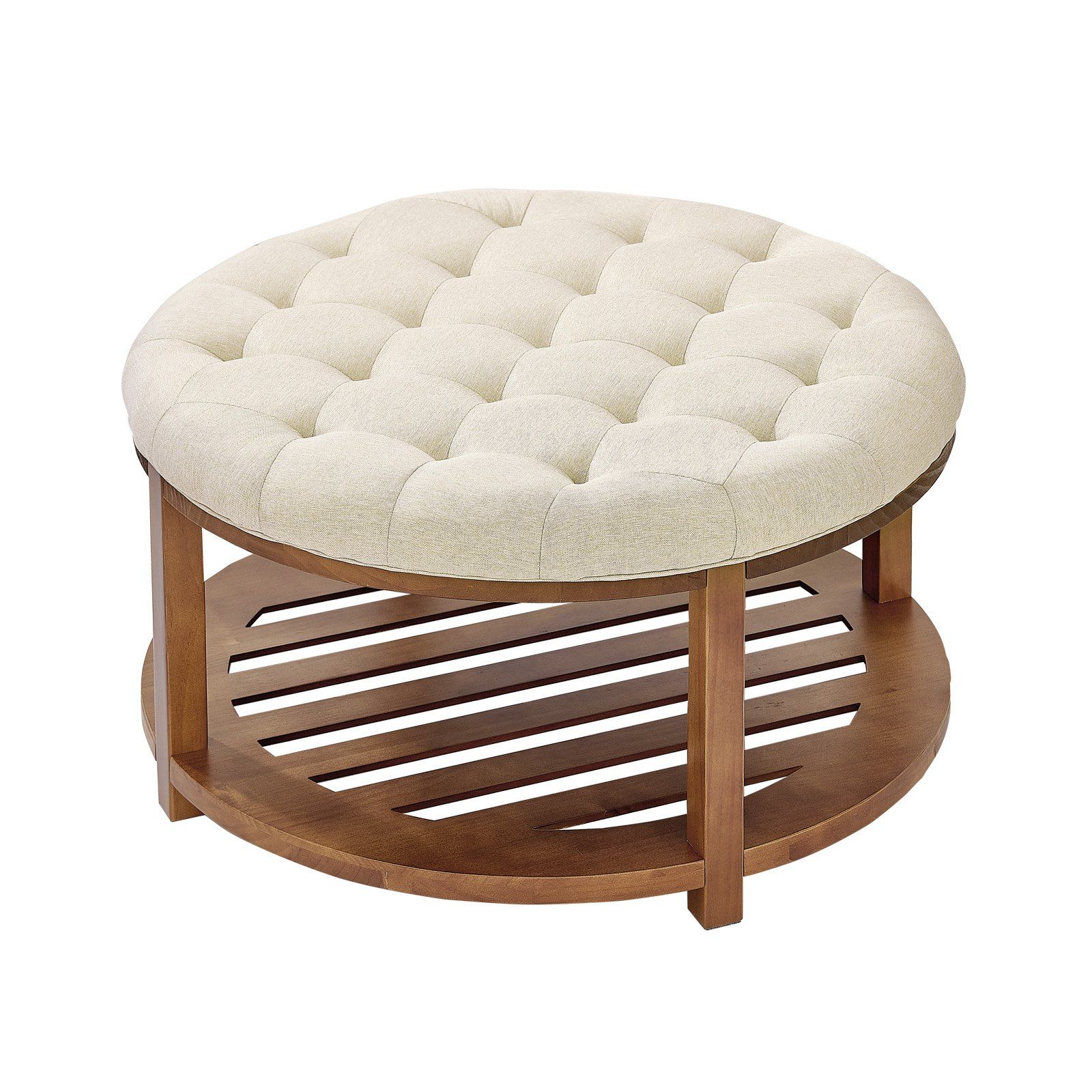 Large Round Ottoman Coffee Table, 81 cm Tufted Coffee Table with Solid Wood Shelf Storage, Linen Solid Upholstered Footrest Ottoman for Bedroom Living Room, 350 LBS, Linen Color - Image 1