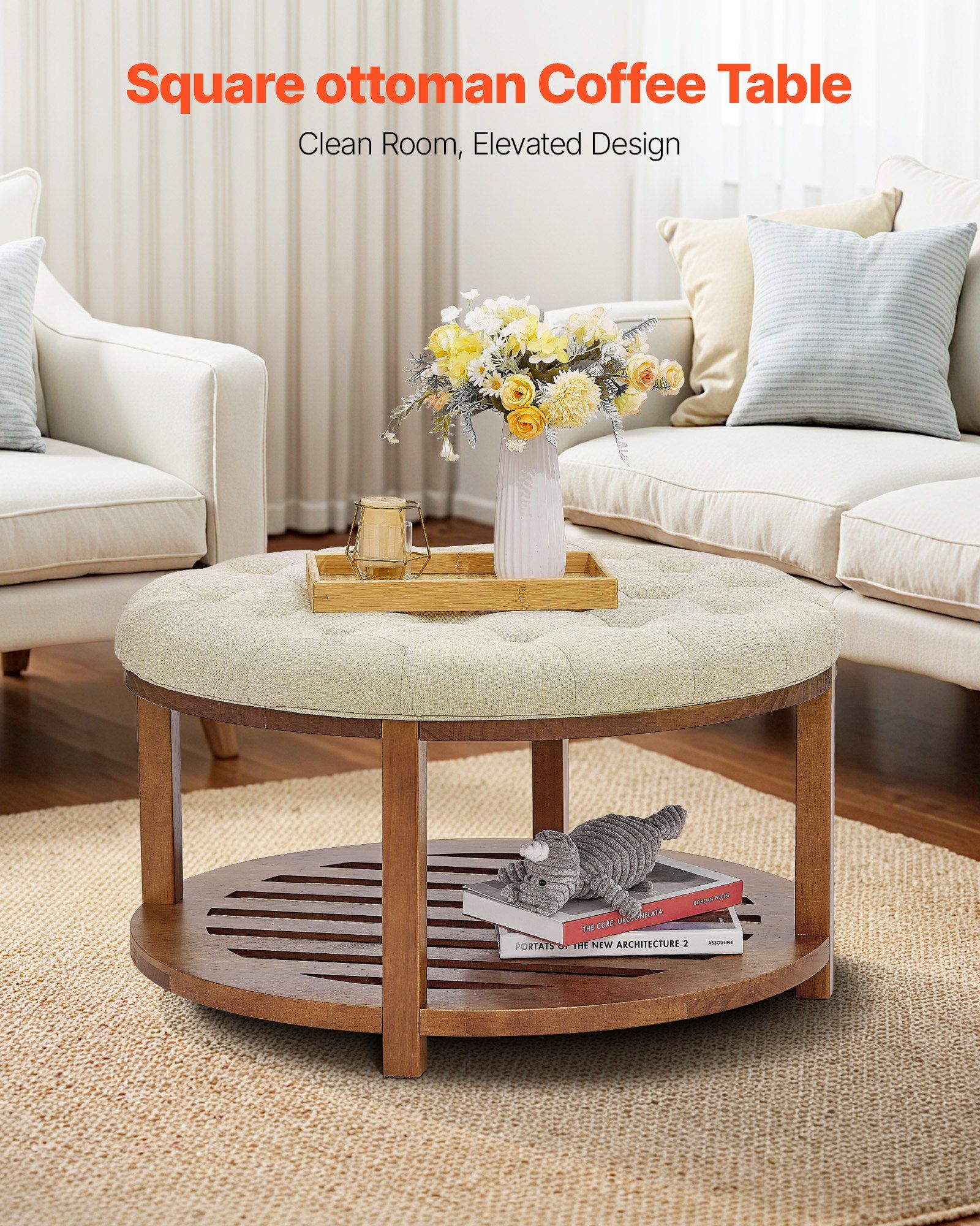 Large Round Ottoman Coffee Table, 81 cm Tufted Coffee Table with Solid Wood Shelf Storage, Linen Solid Upholstered Footrest Ottoman for Bedroom Living Room, 350 LBS, Linen Color - Image 2