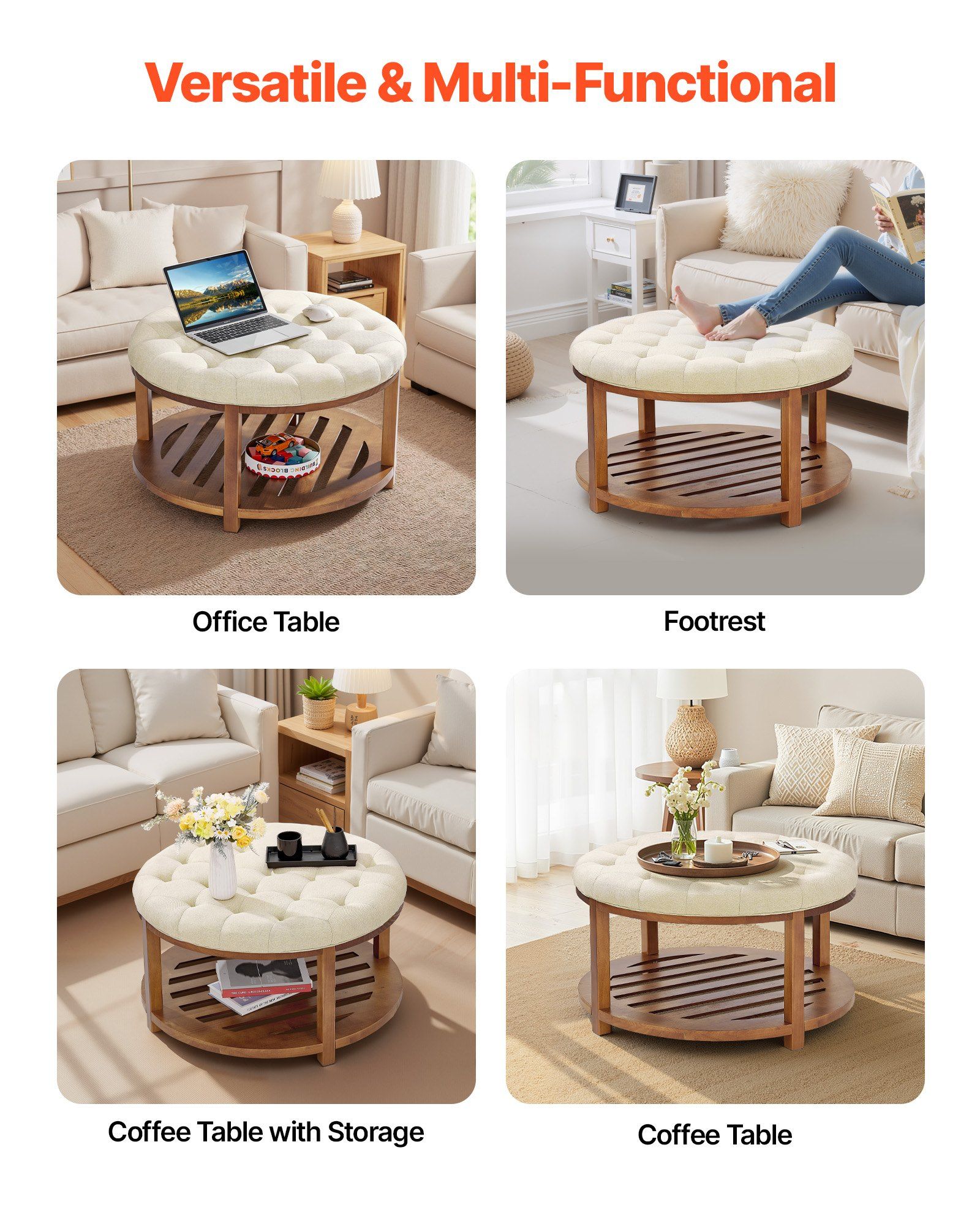 Large Round Ottoman Coffee Table, 81 cm Tufted Coffee Table with Solid Wood Shelf Storage, Linen Solid Upholstered Footrest Ottoman for Bedroom Living Room, 350 LBS, Linen Color - Image 4
