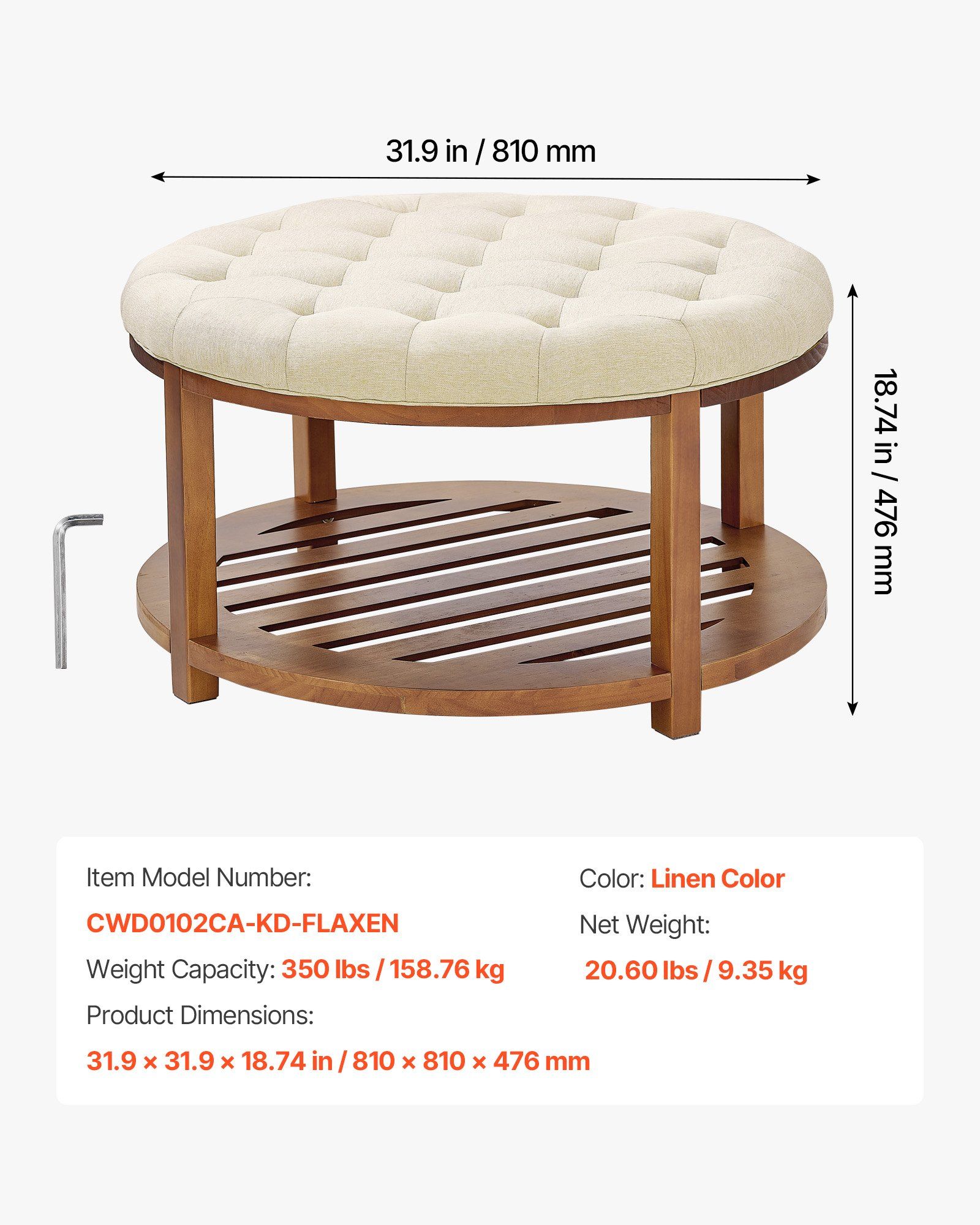 Large Round Ottoman Coffee Table, 81 cm Tufted Coffee Table with Solid Wood Shelf Storage, Linen Solid Upholstered Footrest Ottoman for Bedroom Living Room, 350 LBS, Linen Color - Image 5