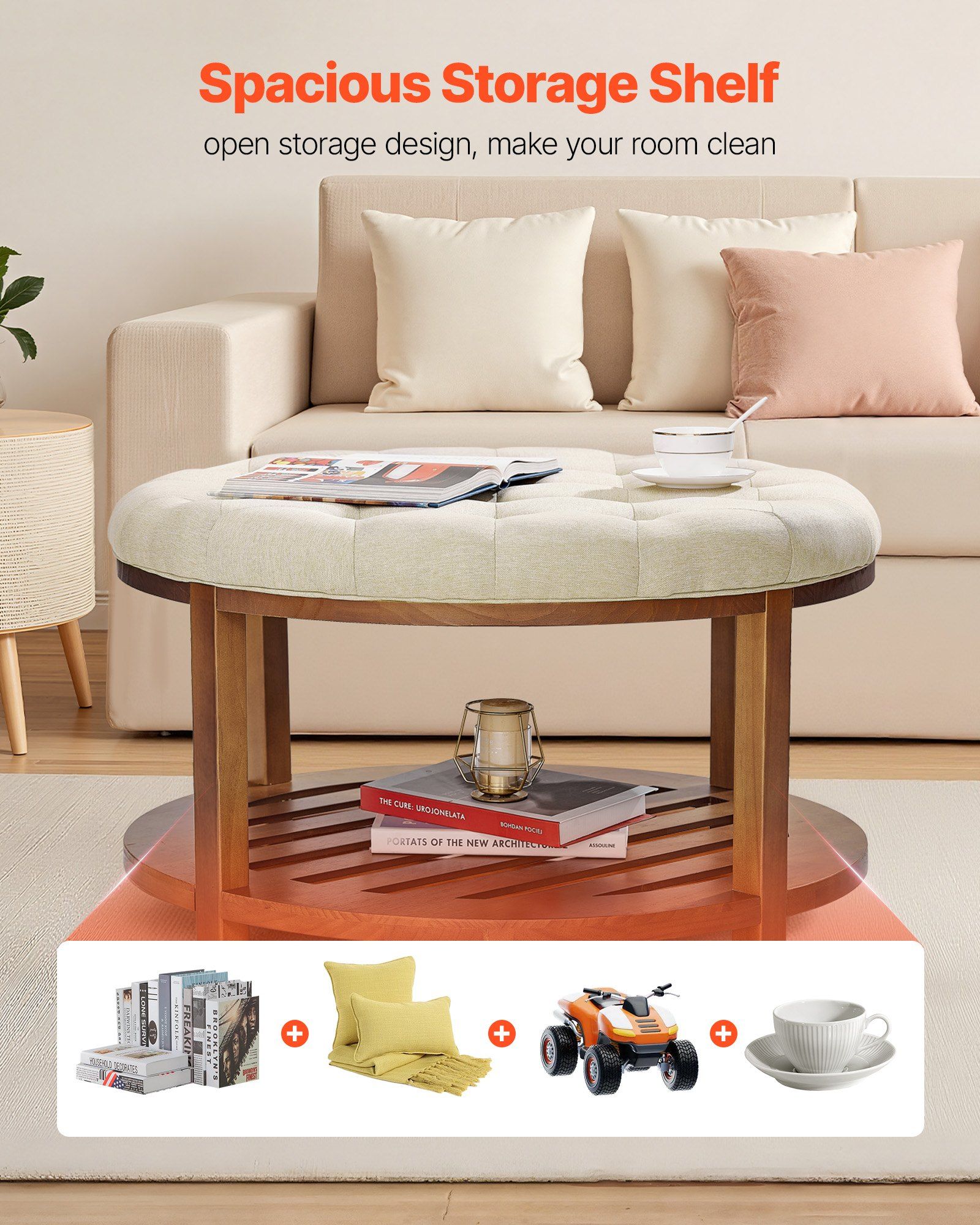 Large Round Ottoman Coffee Table, 81 cm Tufted Coffee Table with Solid Wood Shelf Storage, Linen Solid Upholstered Footrest Ottoman for Bedroom Living Room, 350 LBS, Linen Color - Image 6