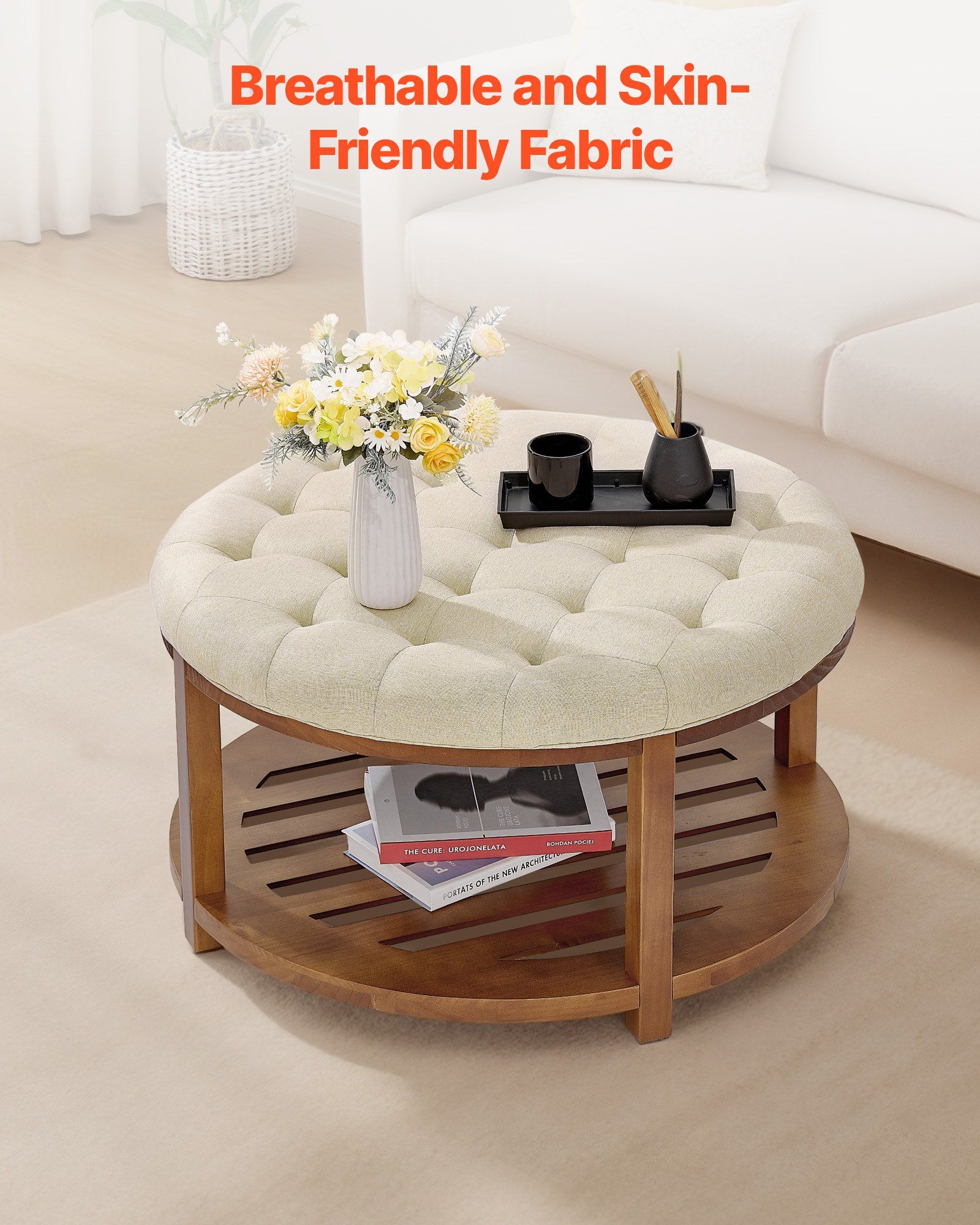 Large Round Ottoman Coffee Table, 81 cm Tufted Coffee Table with Solid Wood Shelf Storage, Linen Solid Upholstered Footrest Ottoman for Bedroom Living Room, 350 LBS, Linen Color - Image 7