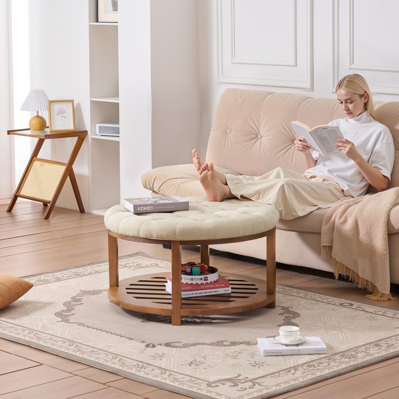 Large Round Ottoman Coffee Table, 81 cm Tufted Coffee Table with Solid Wood Shelf Storage, Linen Solid Upholstered Footrest Ottoman for Bedroom Living Room, 350 LBS, Linen Color - Image 8
