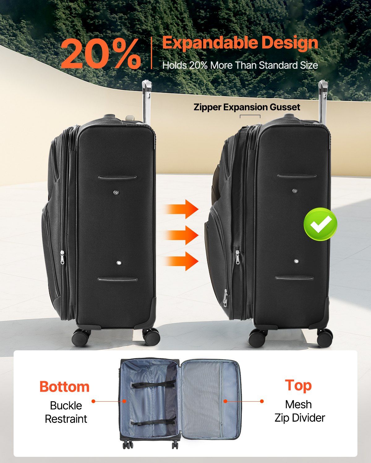 Softside Expandable Luggage with Spinner Wheels, 71 cm Softside Checked Large Luggage, Lightweight Checked Suitcase with Expandable Zippered Pocket and TSA Lock, Black - Image 2