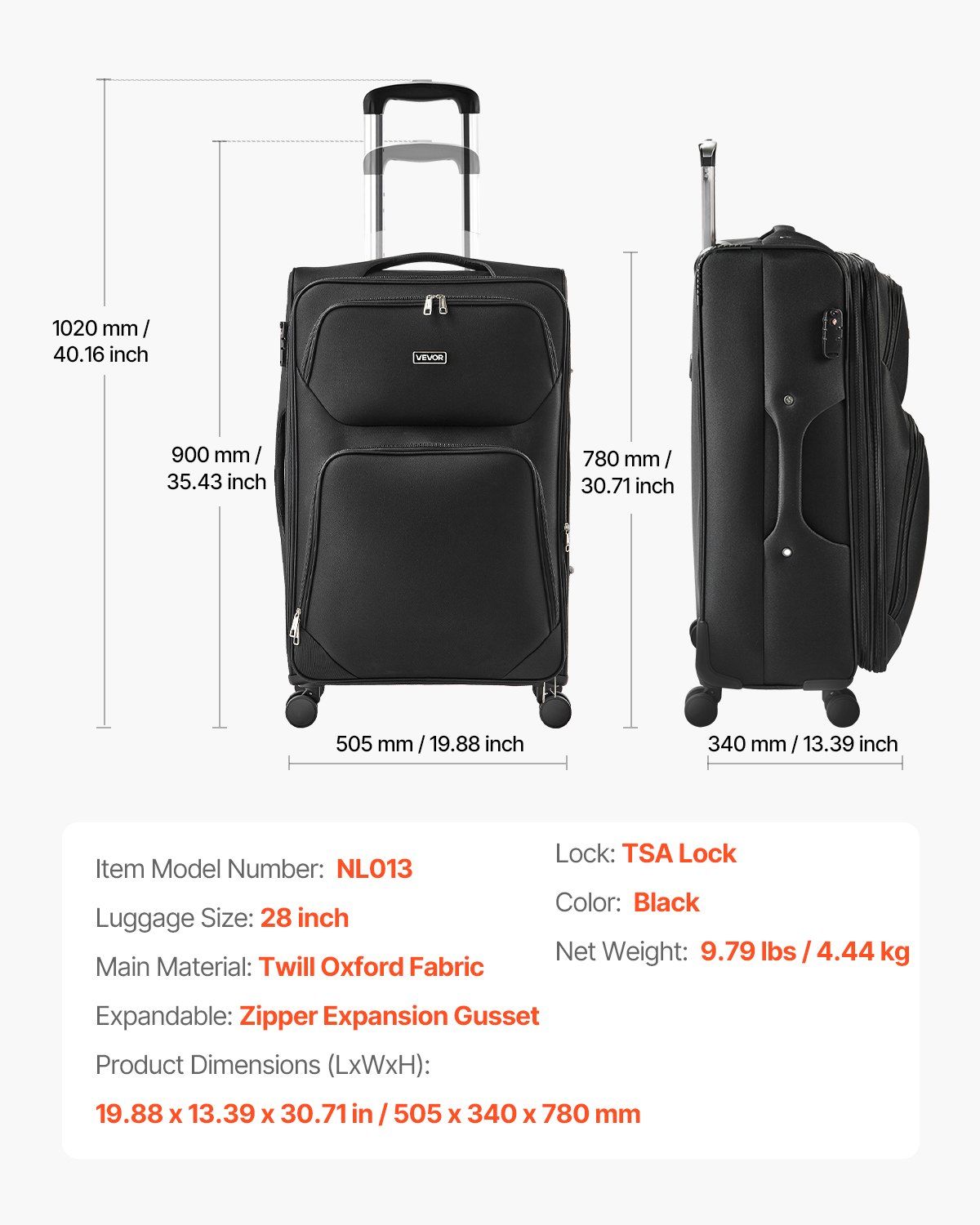 Softside Expandable Luggage with Spinner Wheels, 71 cm Softside Checked Large Luggage, Lightweight Checked Suitcase with Expandable Zippered Pocket and TSA Lock, Black - Image 7