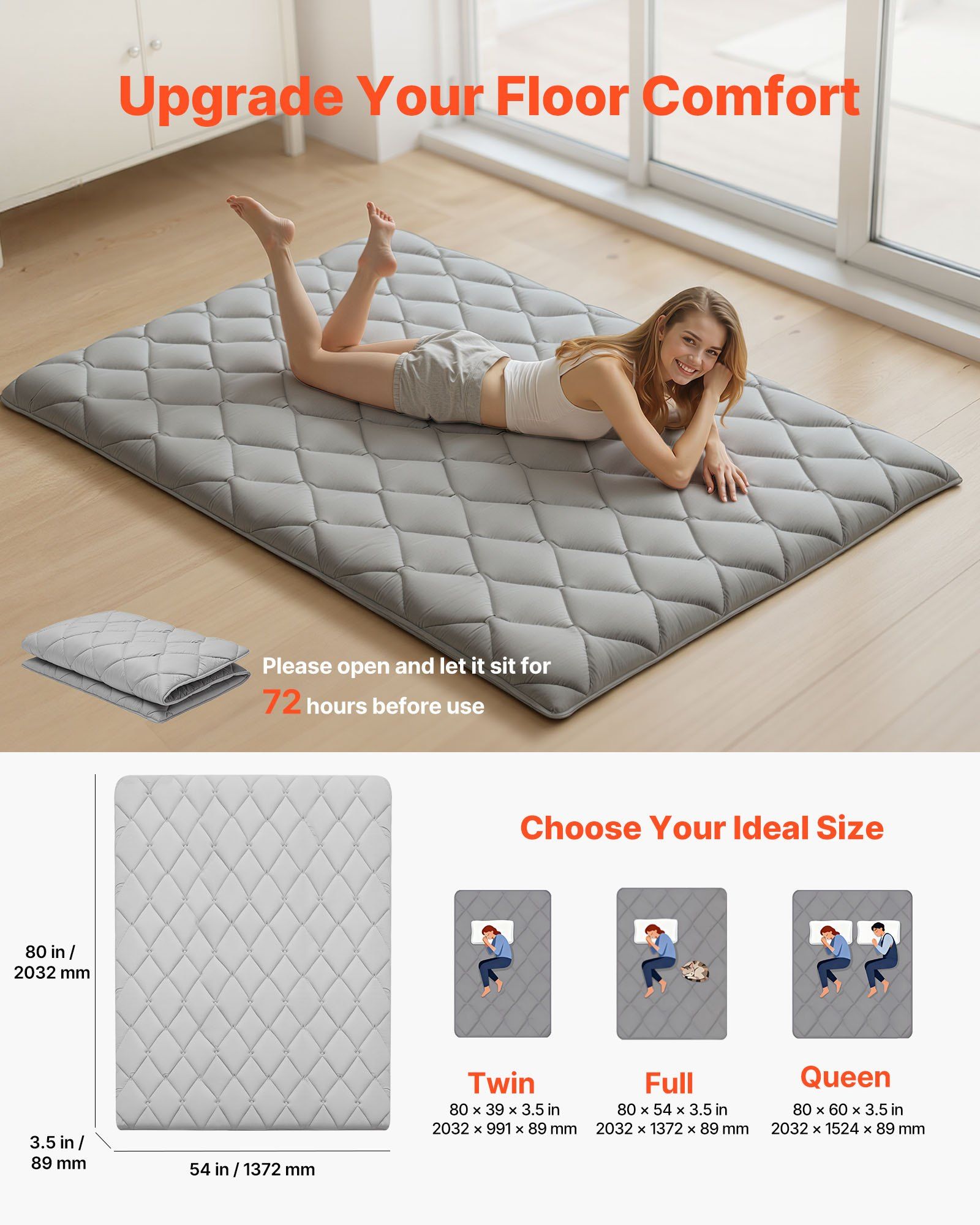 Japanese Tatami Mat, Full Size Foldable Japanese Tatami Mattress, Futon Mattress with Storage Bag & Fastener, 9-Layer Floor Mat for Sleeping, Dorm, Meditation, Yoga, 2032 x 1372 x 89 mm, Gray - Image 2