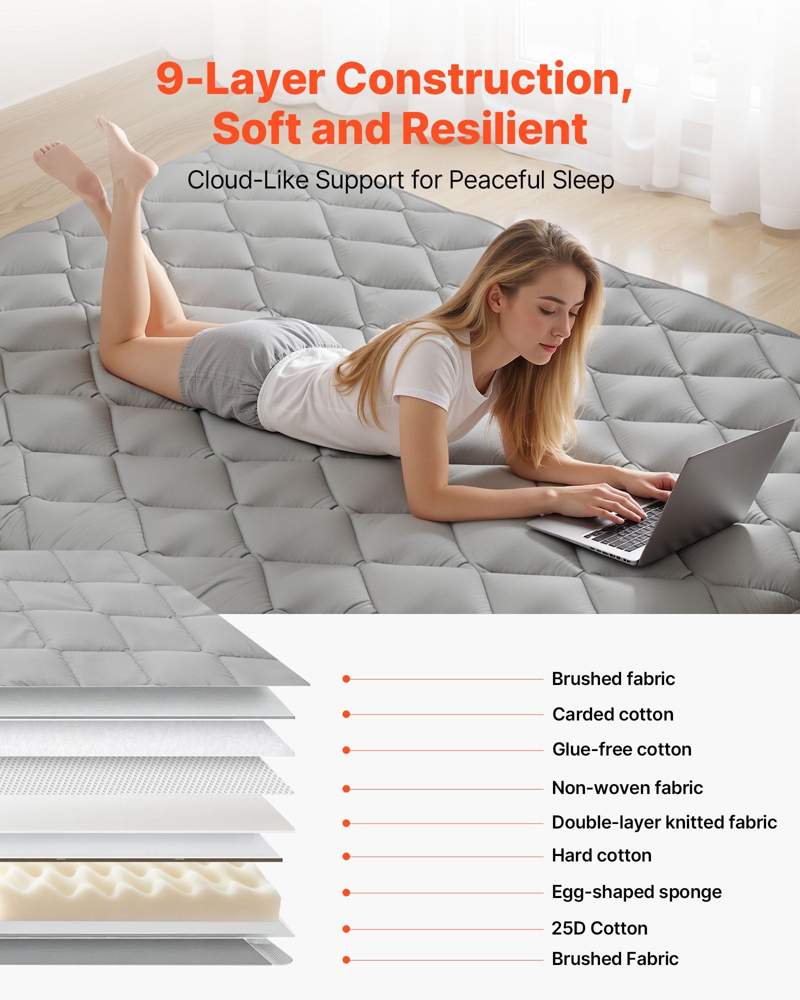 Japanese Tatami Mat, Full Size Foldable Japanese Tatami Mattress, Futon Mattress with Storage Bag & Fastener, 9-Layer Floor Mat for Sleeping, Dorm, Meditation, Yoga, 2032 x 1372 x 89 mm, Gray - Image 3