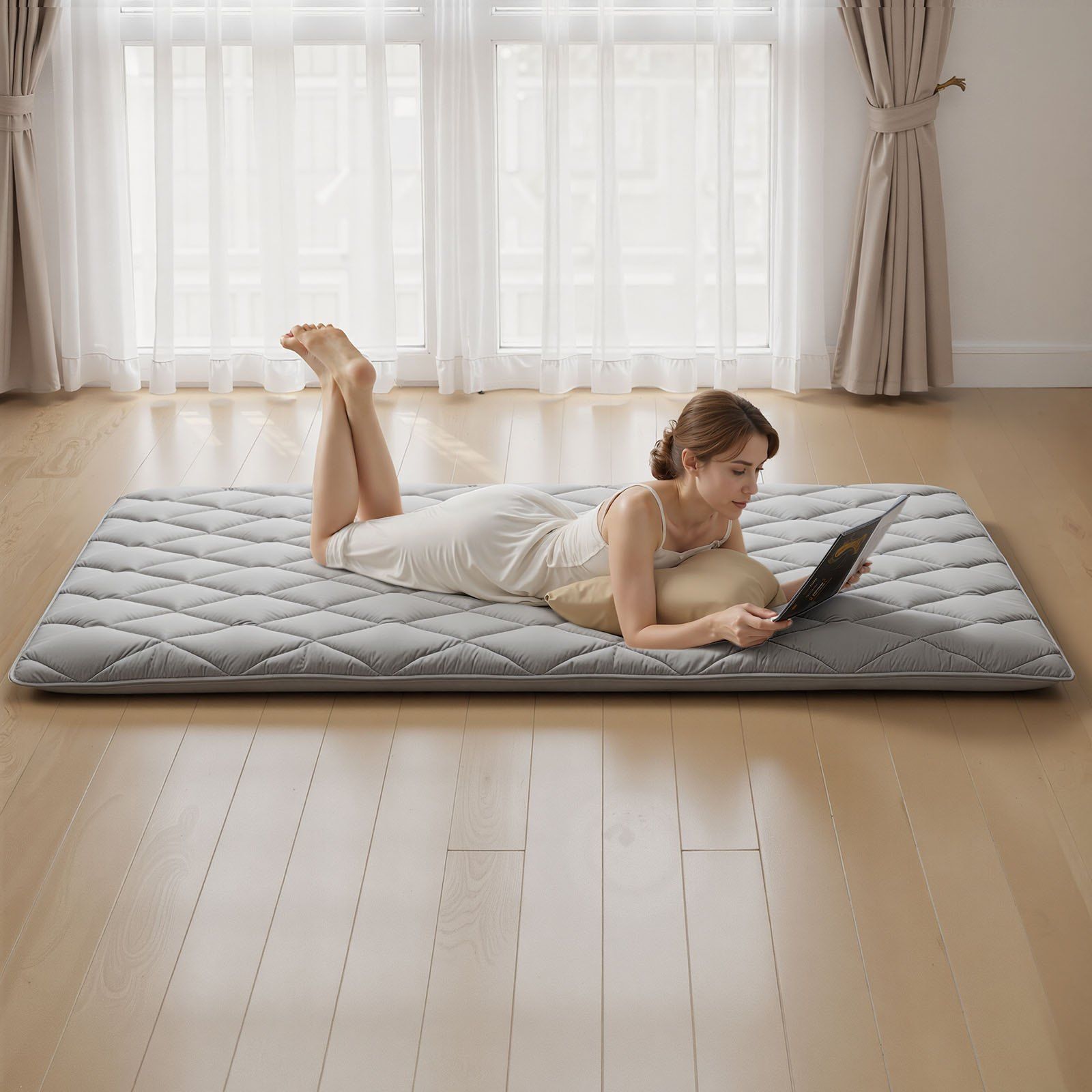 Japanese Tatami Mat, Full Size Foldable Japanese Tatami Mattress, Futon Mattress with Storage Bag & Fastener, 9-Layer Floor Mat for Sleeping, Dorm, Meditation, Yoga, 2032 x 1372 x 89 mm, Gray - Image 8