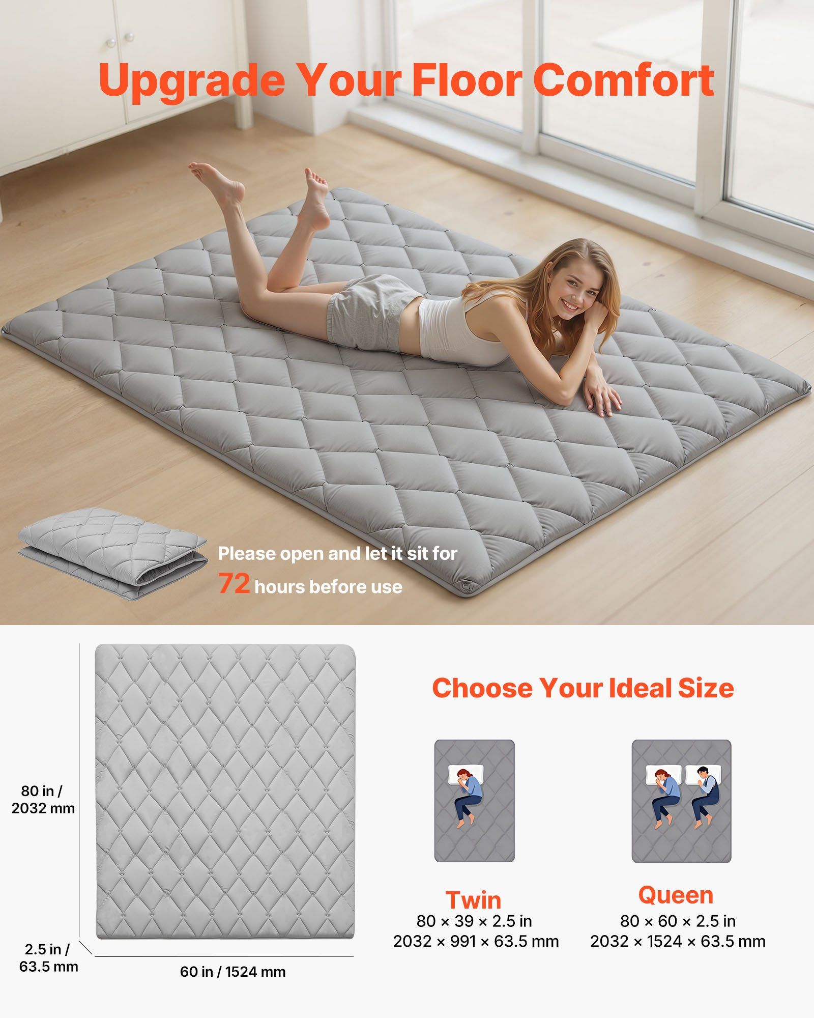 Japanese Tatami Mat, Queen Size Foldable Japanese Tatami Mattress, Futon Mattress with Storage Bag & Fastener, 9-Layer Floor Mat for Sleeping, Dorm, Meditation, Yoga, 2032 x 1524 x 63.5 mm, Gray - Image 2