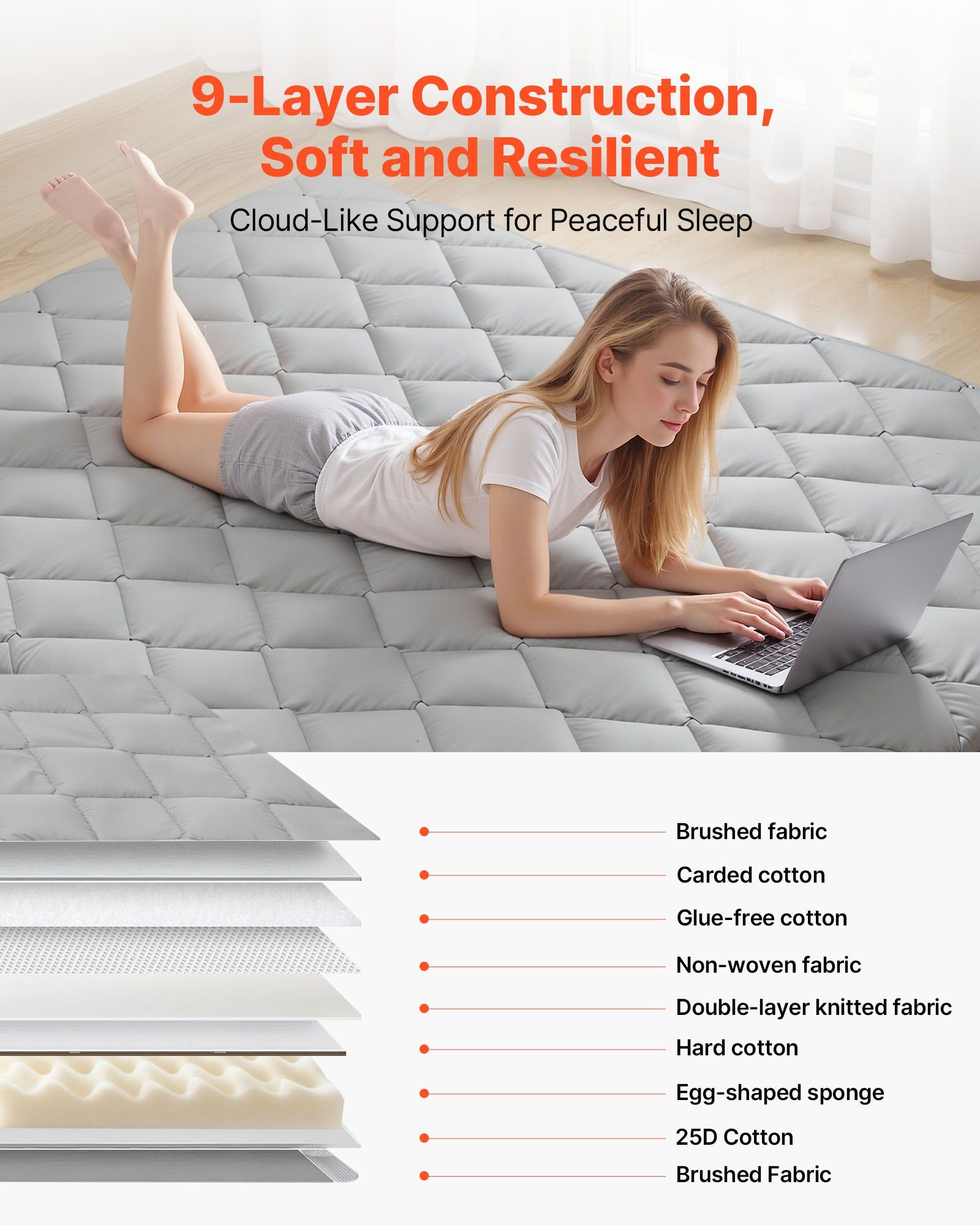 Japanese Tatami Mat, Queen Size Foldable Japanese Tatami Mattress, Futon Mattress with Storage Bag & Fastener, 9-Layer Floor Mat for Sleeping, Dorm, Meditation, Yoga, 2032 x 1524 x 63.5 mm, Gray - Image 3