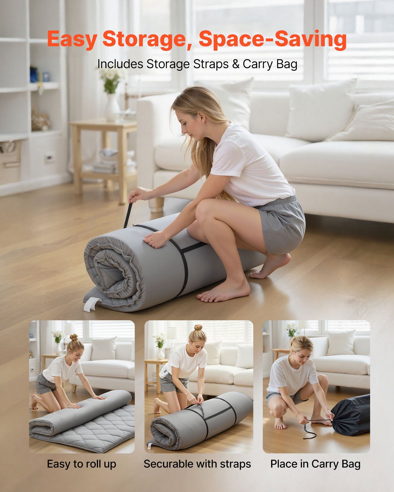 Japanese Tatami Mat, Queen Size Foldable Japanese Tatami Mattress, Futon Mattress with Storage Bag & Fastener, 9-Layer Floor Mat for Sleeping, Dorm, Meditation, Yoga, 2032 x 1524 x 63.5 mm, Gray - Image 6