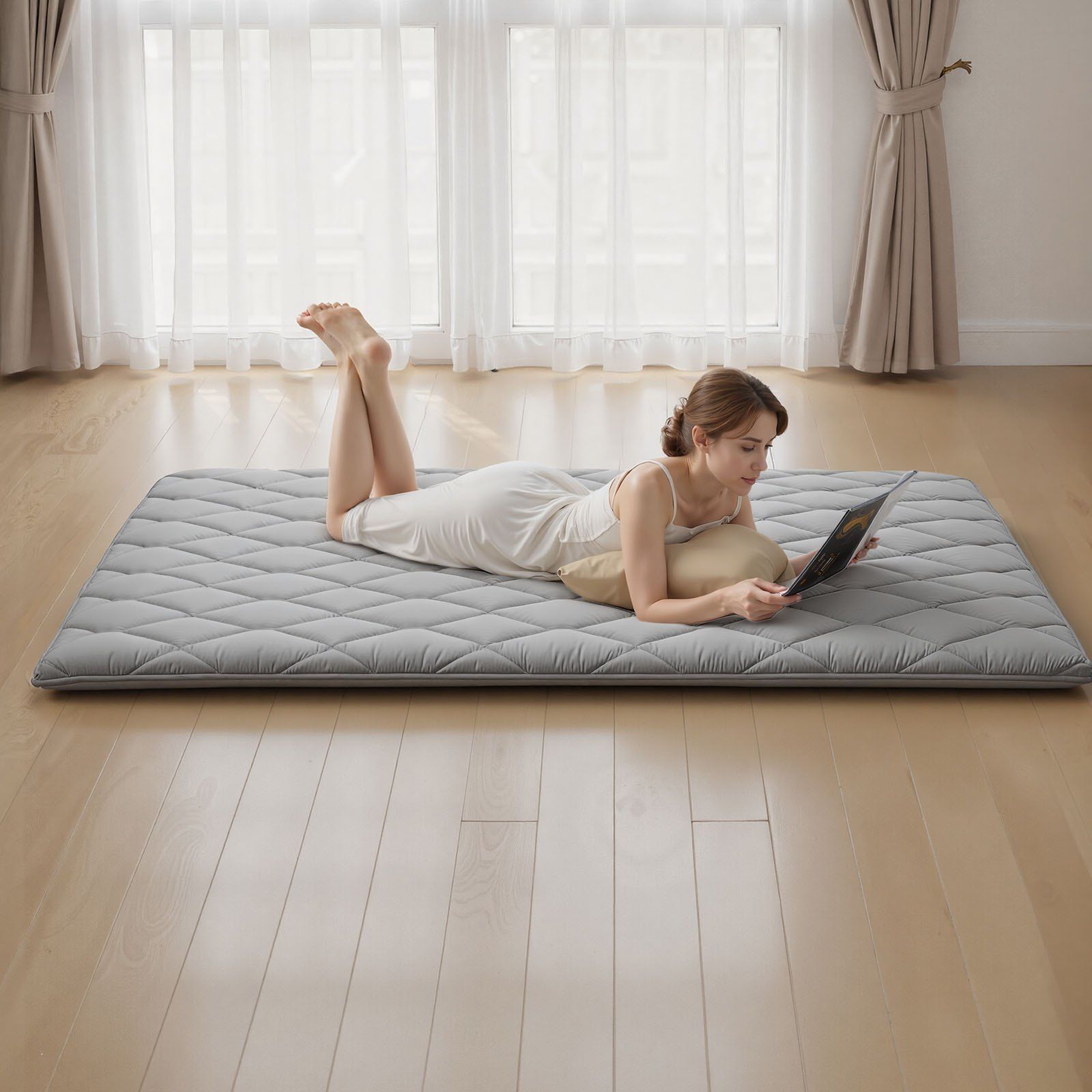 Japanese Tatami Mat, Queen Size Foldable Japanese Tatami Mattress, Futon Mattress with Storage Bag & Fastener, 9-Layer Floor Mat for Sleeping, Dorm, Meditation, Yoga, 2032 x 1524 x 63.5 mm, Gray - Image 8