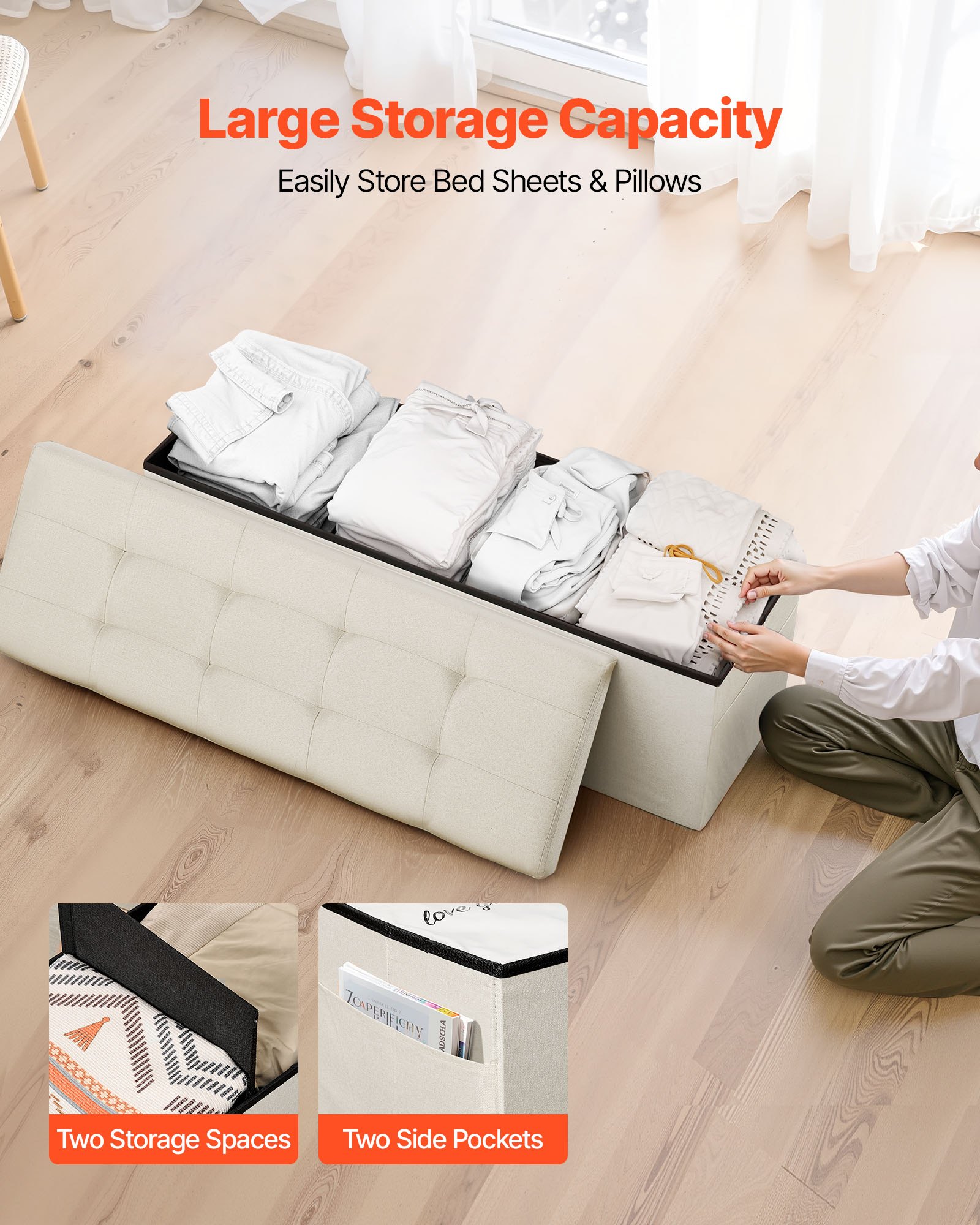 Foldable Storage Ottoman Bench, End of Bed Bench with Side Bags, Folding Upholstered Storage Chest Supports 660 lbs, Linen Bed Ottoman with Large Space for Living Room, Bedroom, Entryway, Beige - Image 2