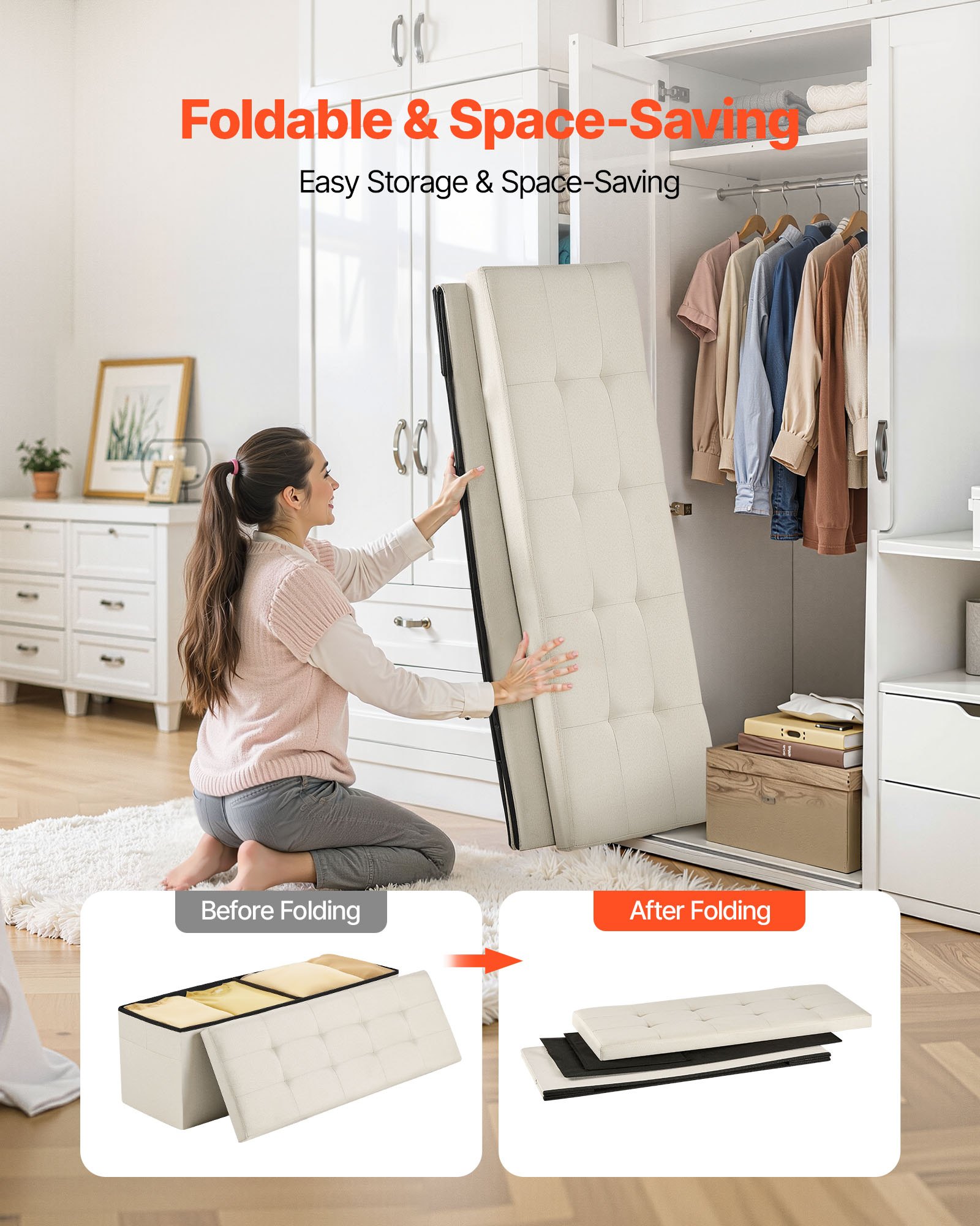 Foldable Storage Ottoman Bench, End of Bed Bench with Side Bags, Folding Upholstered Storage Chest Supports 660 lbs, Linen Bed Ottoman with Large Space for Living Room, Bedroom, Entryway, Beige - Image 4