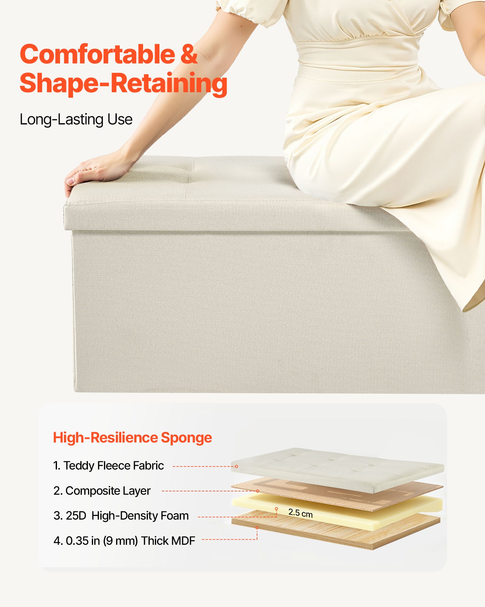Foldable Storage Ottoman Bench, End of Bed Bench with Side Bags, Folding Upholstered Storage Chest Supports 660 lbs, Linen Bed Ottoman with Large Space for Living Room, Bedroom, Entryway, Beige - Image 5