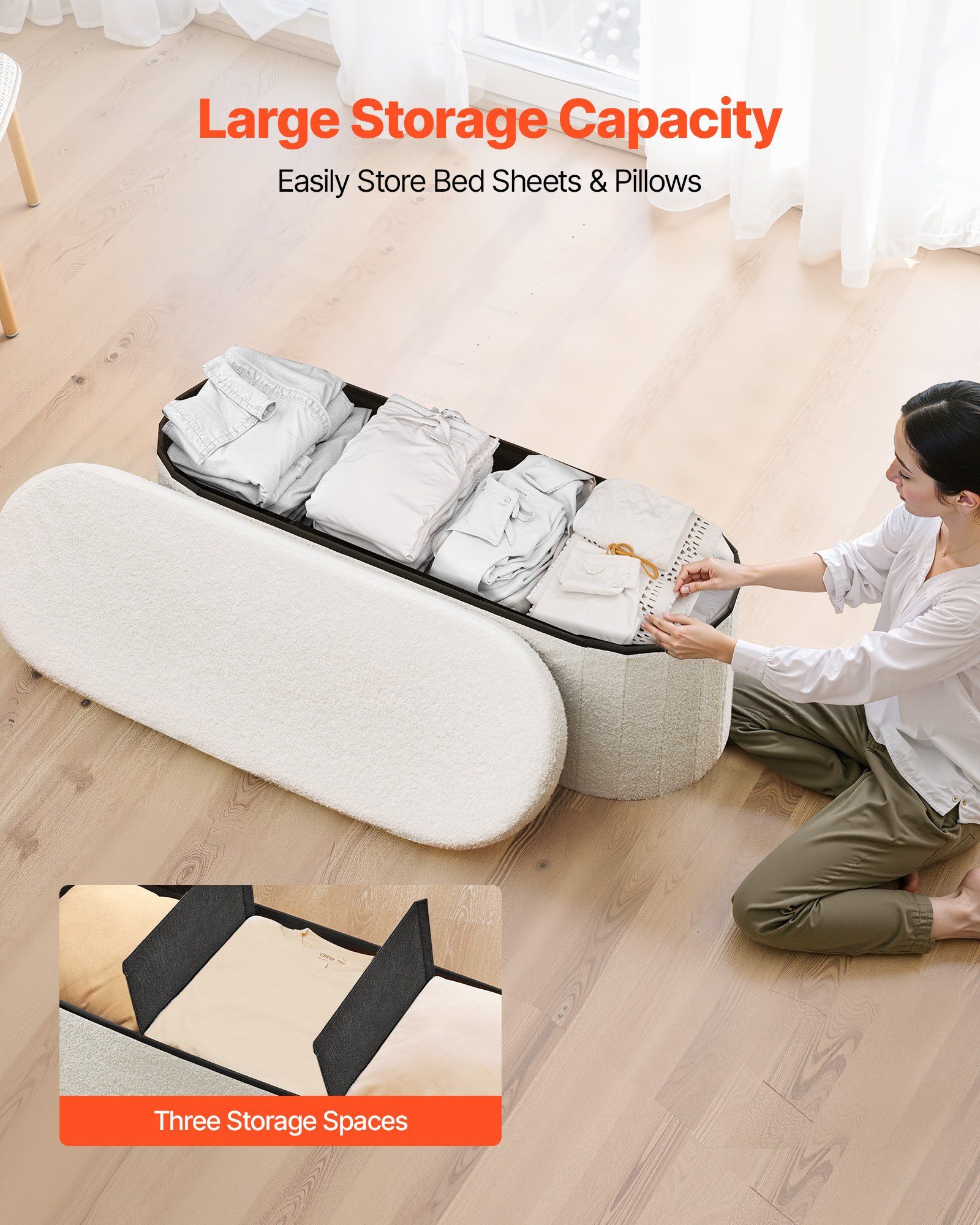 Oval Storage Ottoman Bench, Foldable Teddy Fleece End of Bed Bench, Folding Upholstered Bed Ottoman Chest with Large Storage Space, Supports 660 lbs, for Living Room, Bedroom, Entryway, Beige - Image 2