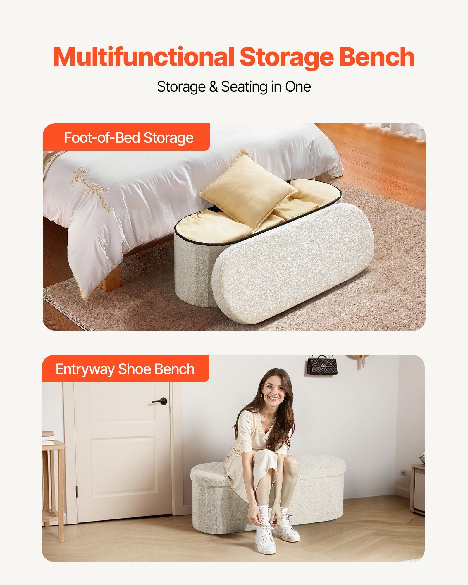 Oval Storage Ottoman Bench, Foldable Teddy Fleece End of Bed Bench, Folding Upholstered Bed Ottoman Chest with Large Storage Space, Supports 660 lbs, for Living Room, Bedroom, Entryway, Beige - Image 3