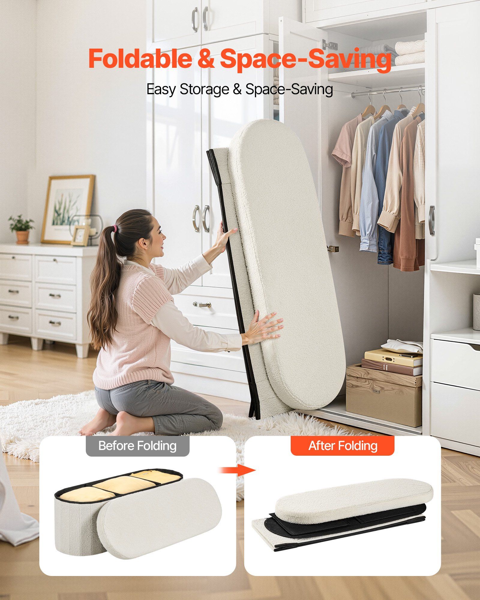 Oval Storage Ottoman Bench, Foldable Teddy Fleece End of Bed Bench, Folding Upholstered Bed Ottoman Chest with Large Storage Space, Supports 660 lbs, for Living Room, Bedroom, Entryway, Beige - Image 4