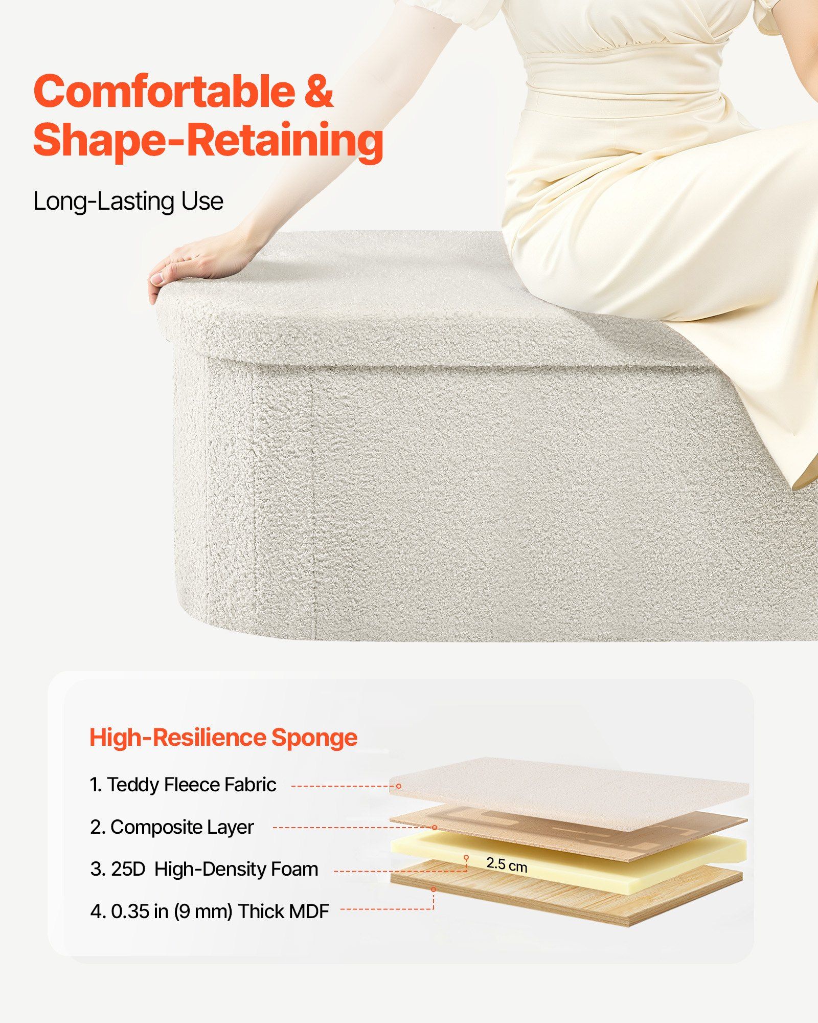 Oval Storage Ottoman Bench, Foldable Teddy Fleece End of Bed Bench, Folding Upholstered Bed Ottoman Chest with Large Storage Space, Supports 660 lbs, for Living Room, Bedroom, Entryway, Beige - Image 5