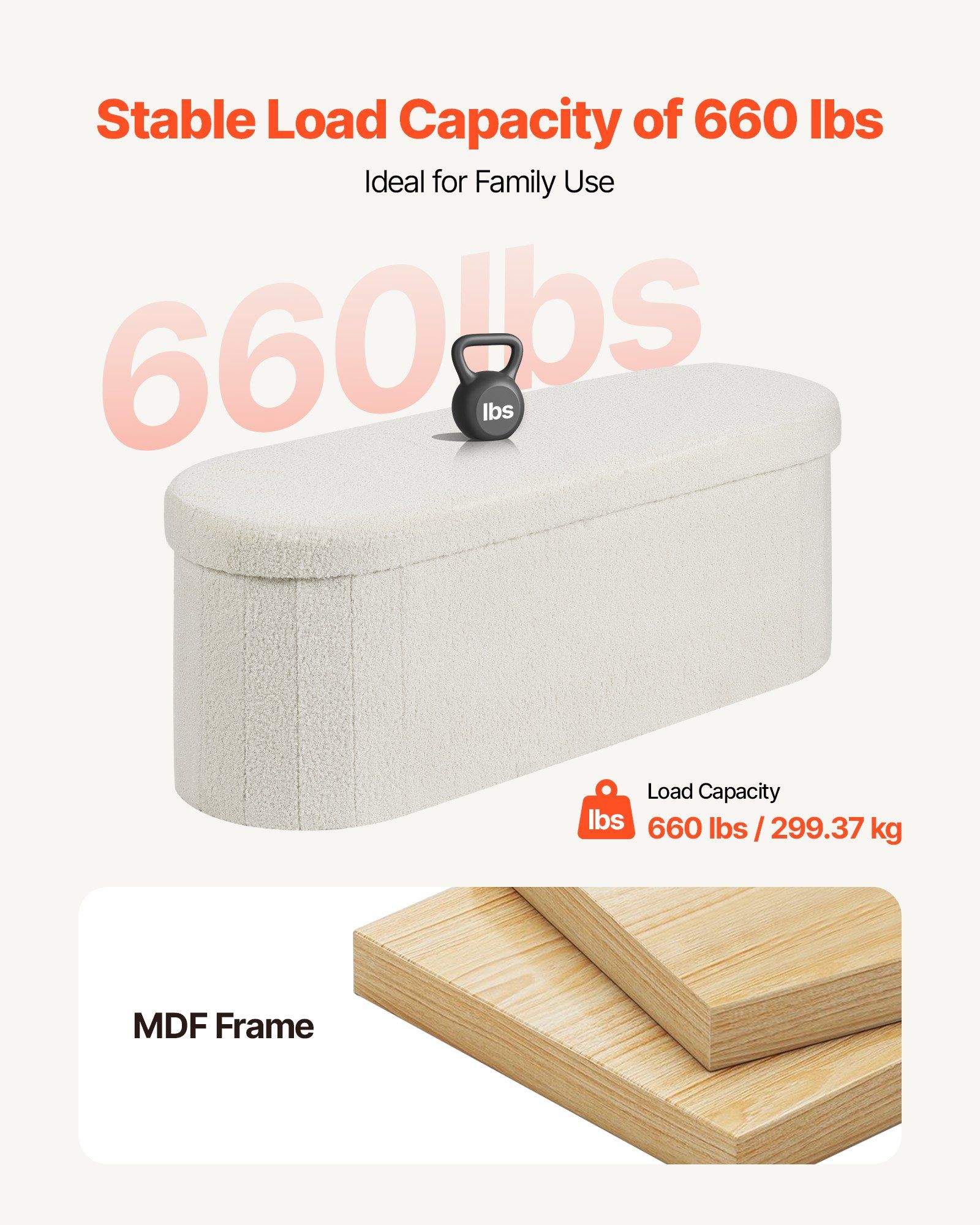 Oval Storage Ottoman Bench, Foldable Teddy Fleece End of Bed Bench, Folding Upholstered Bed Ottoman Chest with Large Storage Space, Supports 660 lbs, for Living Room, Bedroom, Entryway, Beige - Image 6