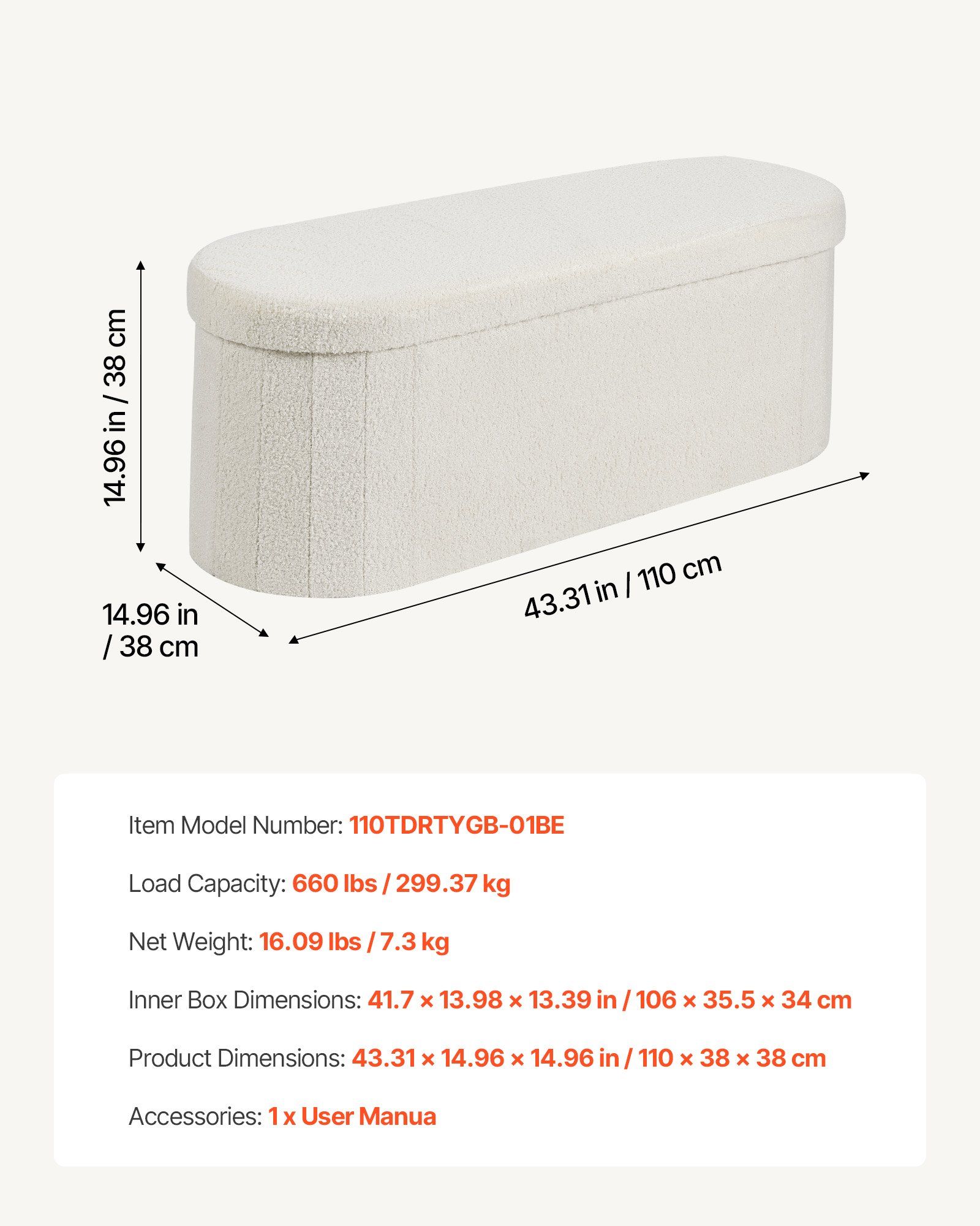 Oval Storage Ottoman Bench, Foldable Teddy Fleece End of Bed Bench, Folding Upholstered Bed Ottoman Chest with Large Storage Space, Supports 660 lbs, for Living Room, Bedroom, Entryway, Beige - Image 7
