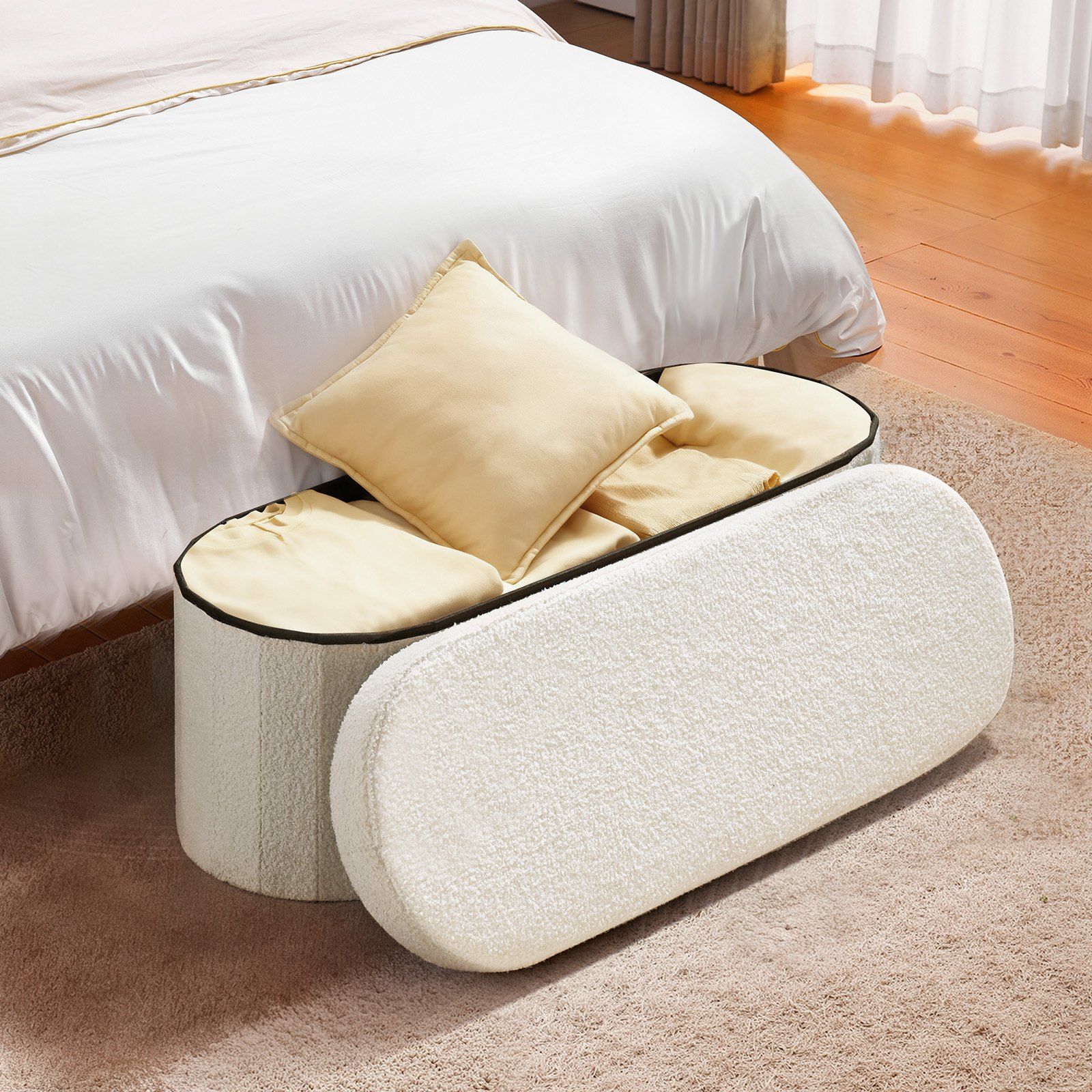 Oval Storage Ottoman Bench, Foldable Teddy Fleece End of Bed Bench, Folding Upholstered Bed Ottoman Chest with Large Storage Space, Supports 660 lbs, for Living Room, Bedroom, Entryway, Beige - Image 8