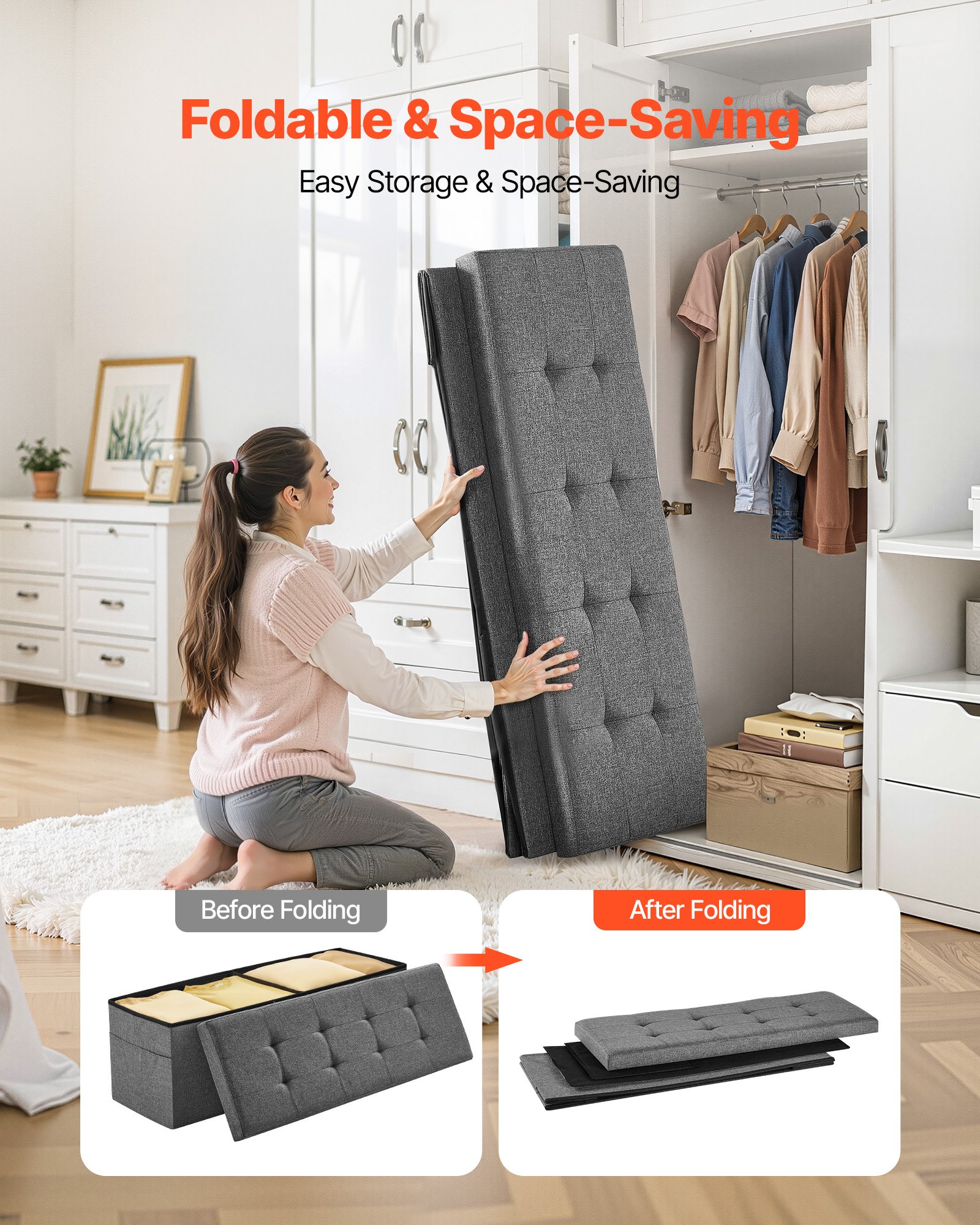 Foldable Storage Ottoman Bench, End of Bed Bench with Side Bags, Folding Upholstered Storage Chest Supports 660 lbs, Linen Bed Ottoman with Large Space for Living Room, Bedroom, Entryway, Grey - Image 4