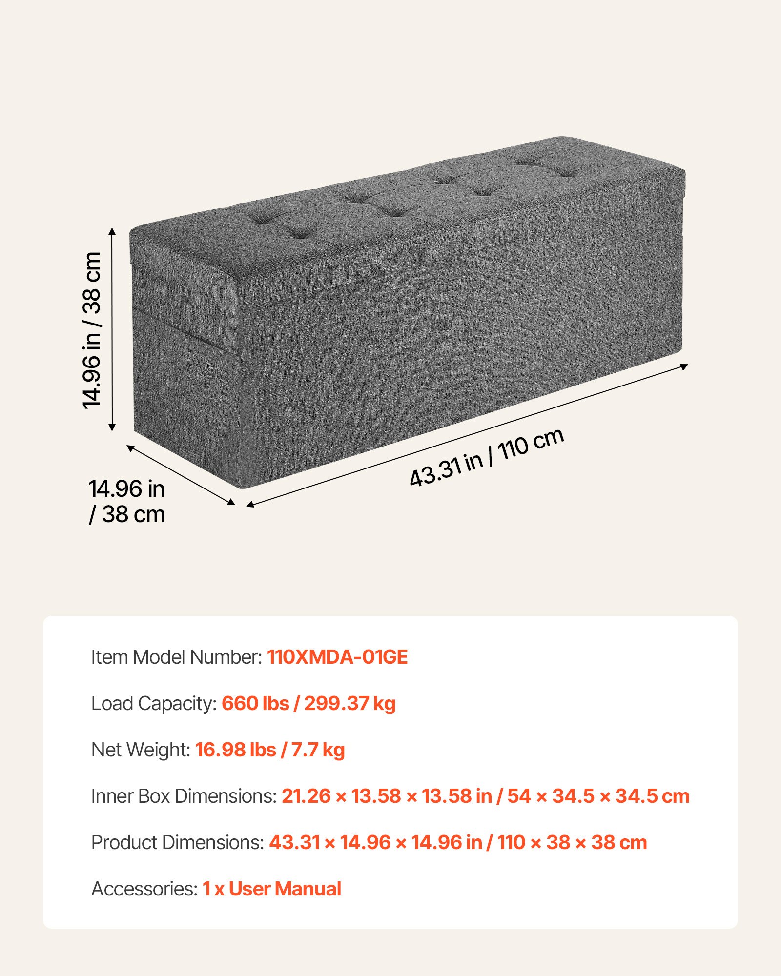 Foldable Storage Ottoman Bench, End of Bed Bench with Side Bags, Folding Upholstered Storage Chest Supports 660 lbs, Linen Bed Ottoman with Large Space for Living Room, Bedroom, Entryway, Grey - Image 7