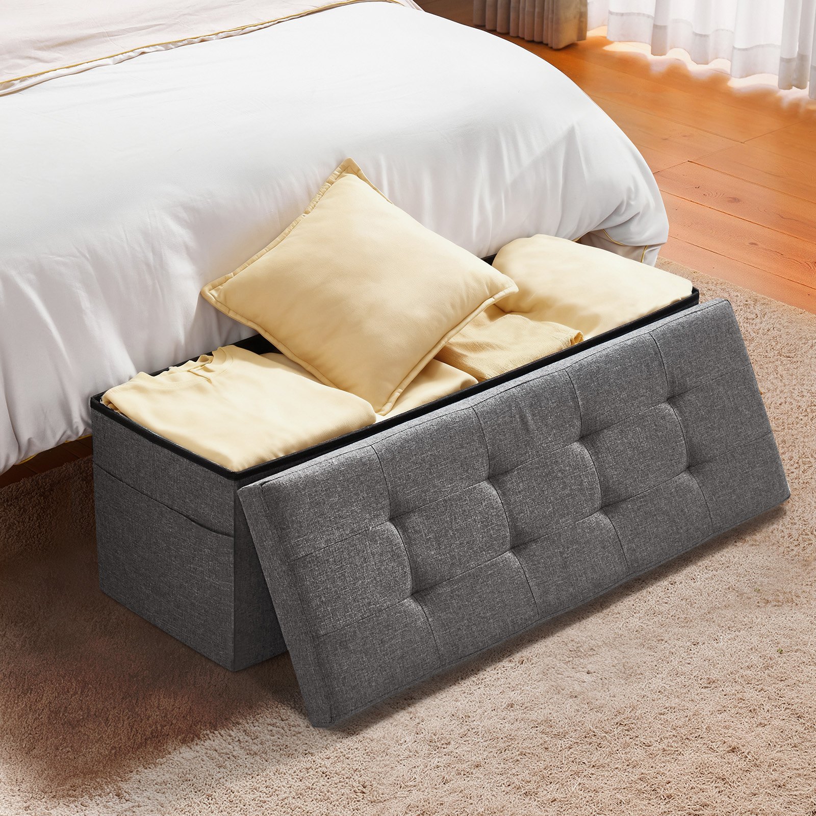 Foldable Storage Ottoman Bench, End of Bed Bench with Side Bags, Folding Upholstered Storage Chest Supports 660 lbs, Linen Bed Ottoman with Large Space for Living Room, Bedroom, Entryway, Grey - Image 8