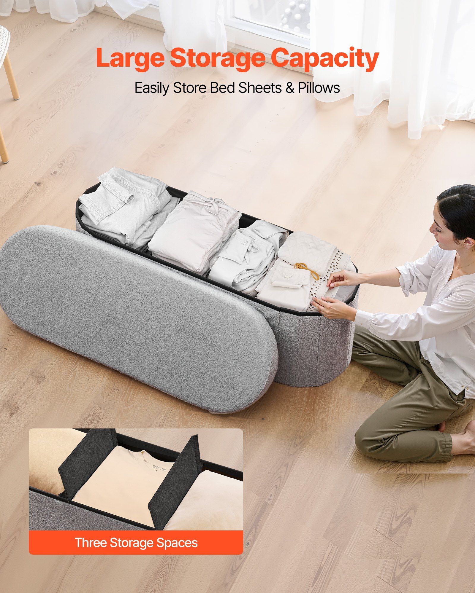 Oval Storage Ottoman Bench, Foldable Teddy Fleece End of Bed Bench, Folding Upholstered Bed Ottoman Chest with Large Storage Space, Supports 660 lbs, for Living Room, Bedroom, Entryway, Grey - Image 2