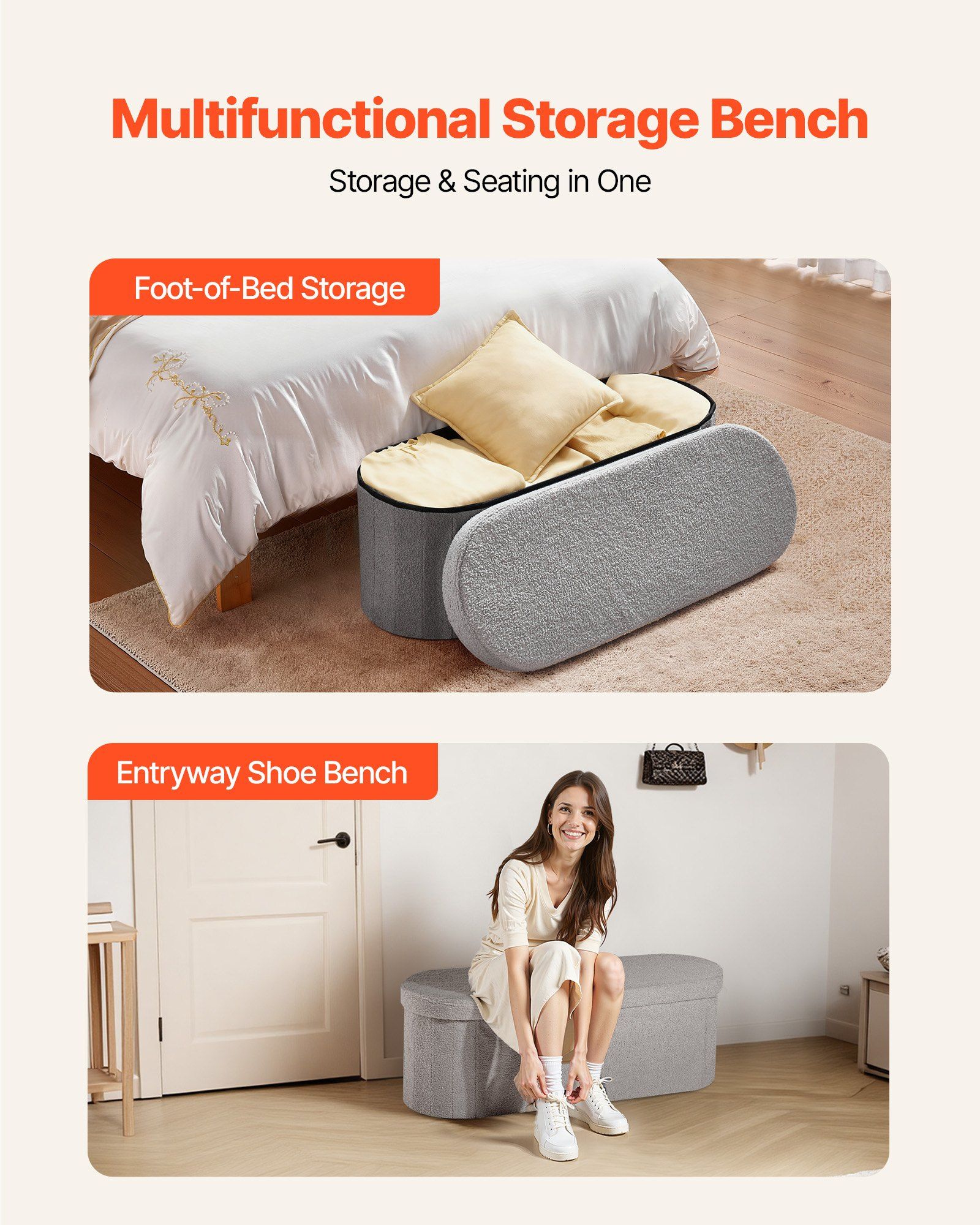 Oval Storage Ottoman Bench, Foldable Teddy Fleece End of Bed Bench, Folding Upholstered Bed Ottoman Chest with Large Storage Space, Supports 660 lbs, for Living Room, Bedroom, Entryway, Grey - Image 3