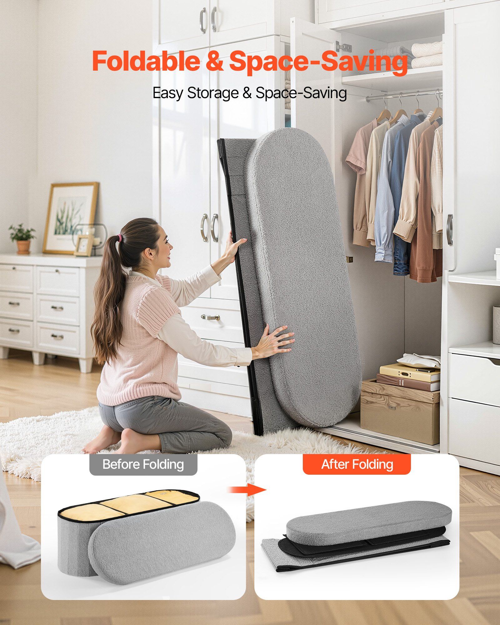 Oval Storage Ottoman Bench, Foldable Teddy Fleece End of Bed Bench, Folding Upholstered Bed Ottoman Chest with Large Storage Space, Supports 660 lbs, for Living Room, Bedroom, Entryway, Grey - Image 4