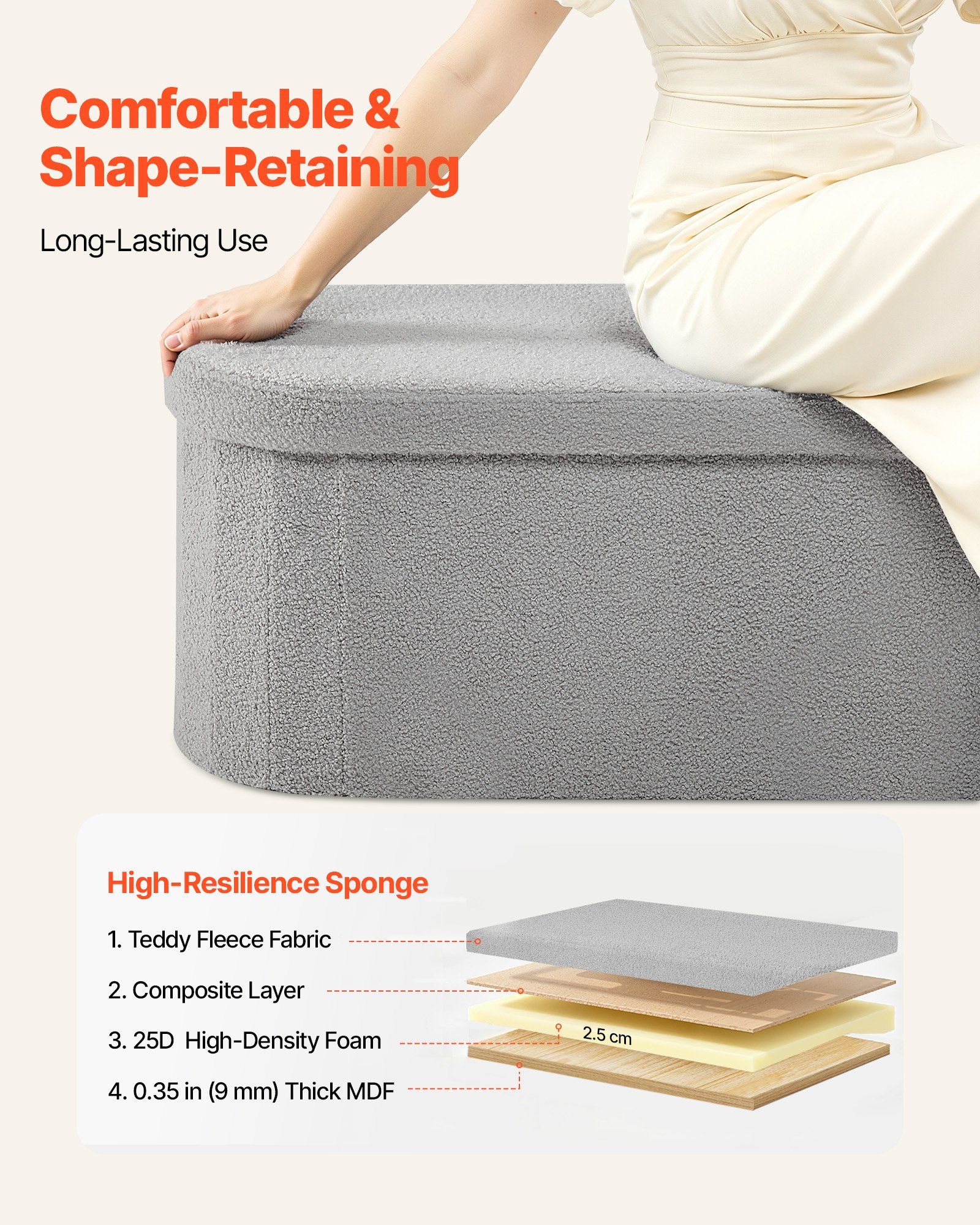 Oval Storage Ottoman Bench, Foldable Teddy Fleece End of Bed Bench, Folding Upholstered Bed Ottoman Chest with Large Storage Space, Supports 660 lbs, for Living Room, Bedroom, Entryway, Grey - Image 5