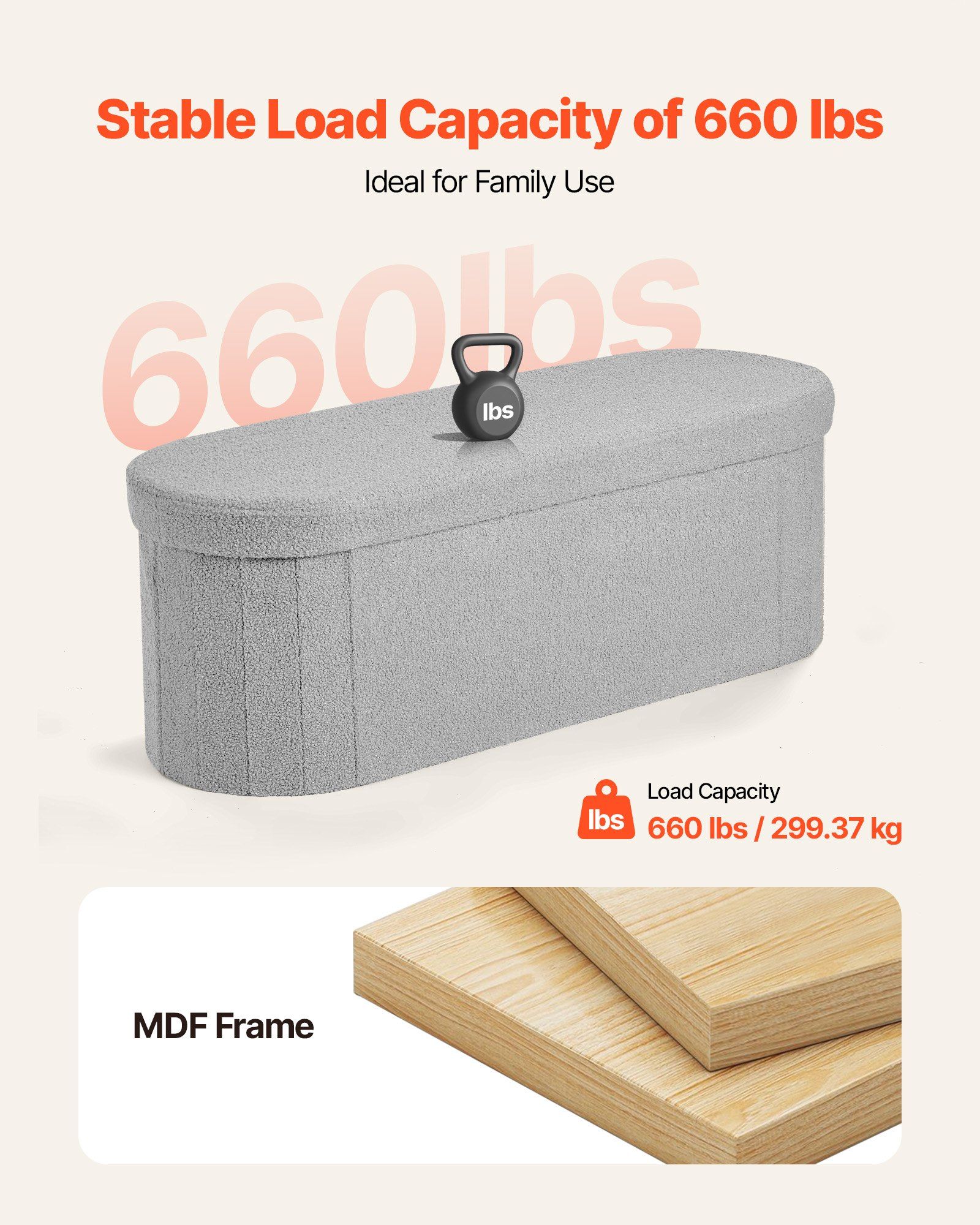 Oval Storage Ottoman Bench, Foldable Teddy Fleece End of Bed Bench, Folding Upholstered Bed Ottoman Chest with Large Storage Space, Supports 660 lbs, for Living Room, Bedroom, Entryway, Grey - Image 6