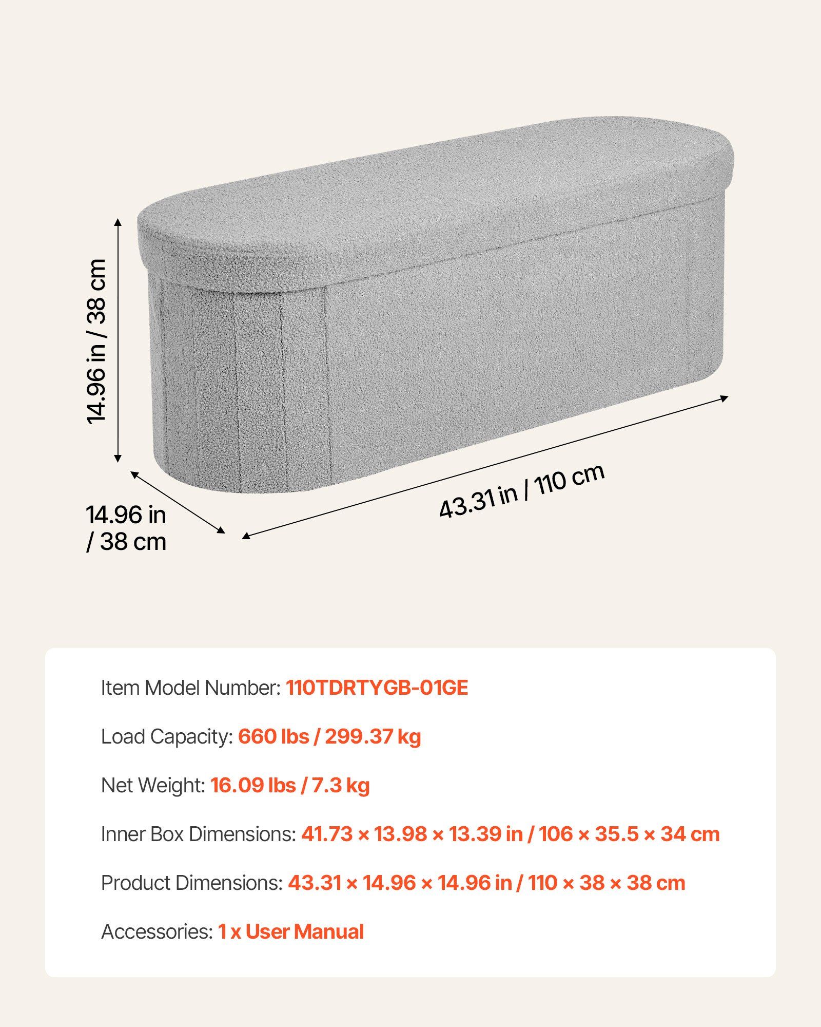 Oval Storage Ottoman Bench, Foldable Teddy Fleece End of Bed Bench, Folding Upholstered Bed Ottoman Chest with Large Storage Space, Supports 660 lbs, for Living Room, Bedroom, Entryway, Grey - Image 7