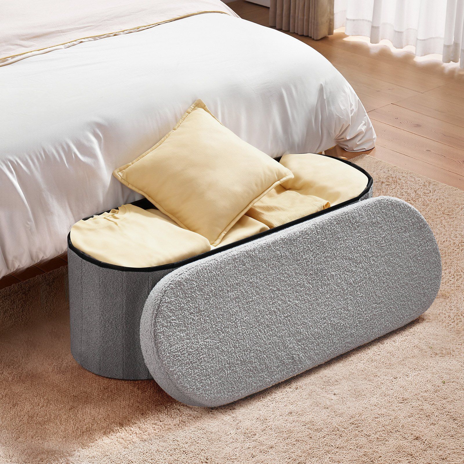 Oval Storage Ottoman Bench, Foldable Teddy Fleece End of Bed Bench, Folding Upholstered Bed Ottoman Chest with Large Storage Space, Supports 660 lbs, for Living Room, Bedroom, Entryway, Grey - Image 8