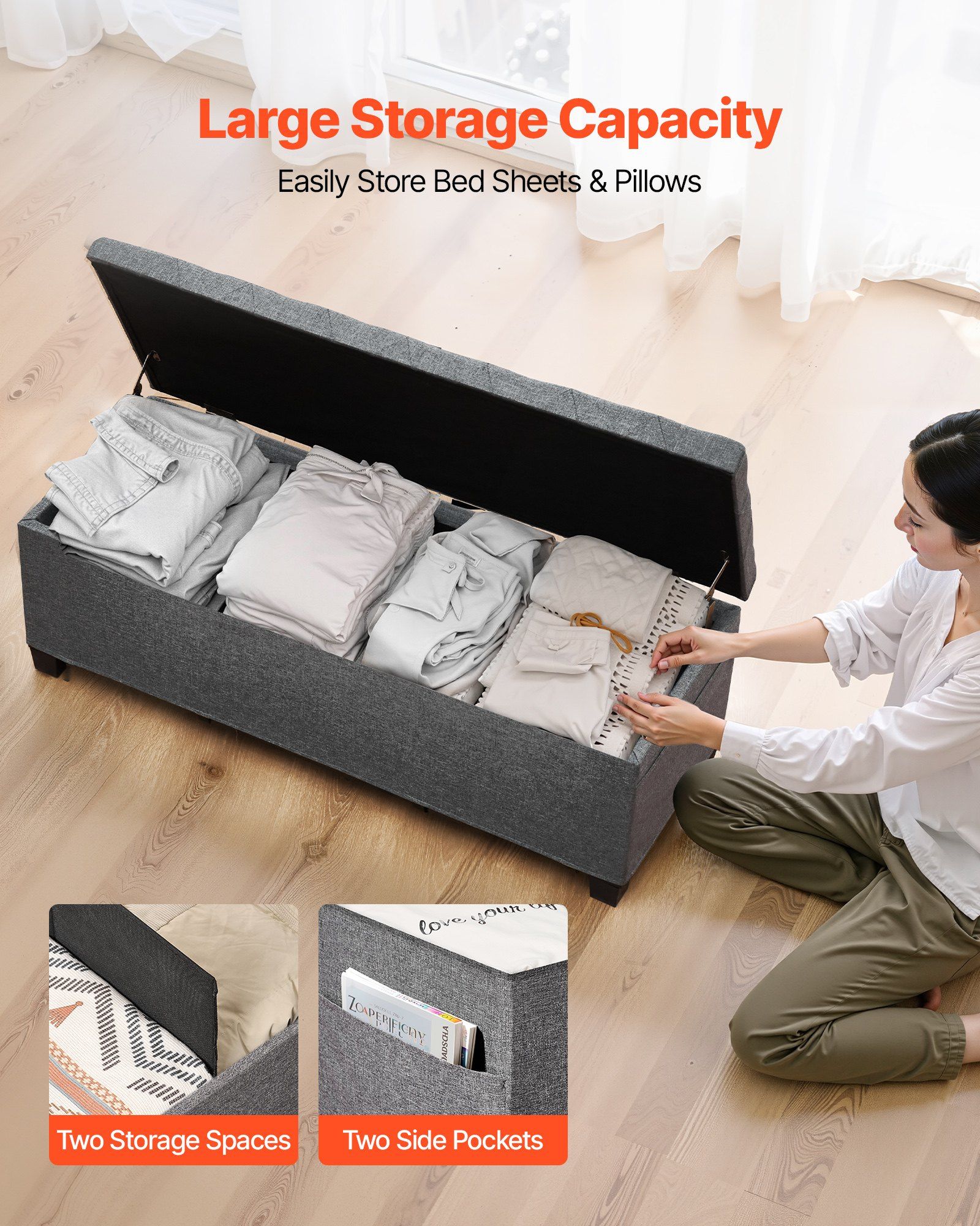 Storage Ottoman Bench, Button-Tufted End of Bed Bench with Side Bags, Flip-up Upholstered Storage Chest with Metal Frame, Linen Bed Ottoman for Living Room, Bedroom, Entryway, Office, Grey - Image 2